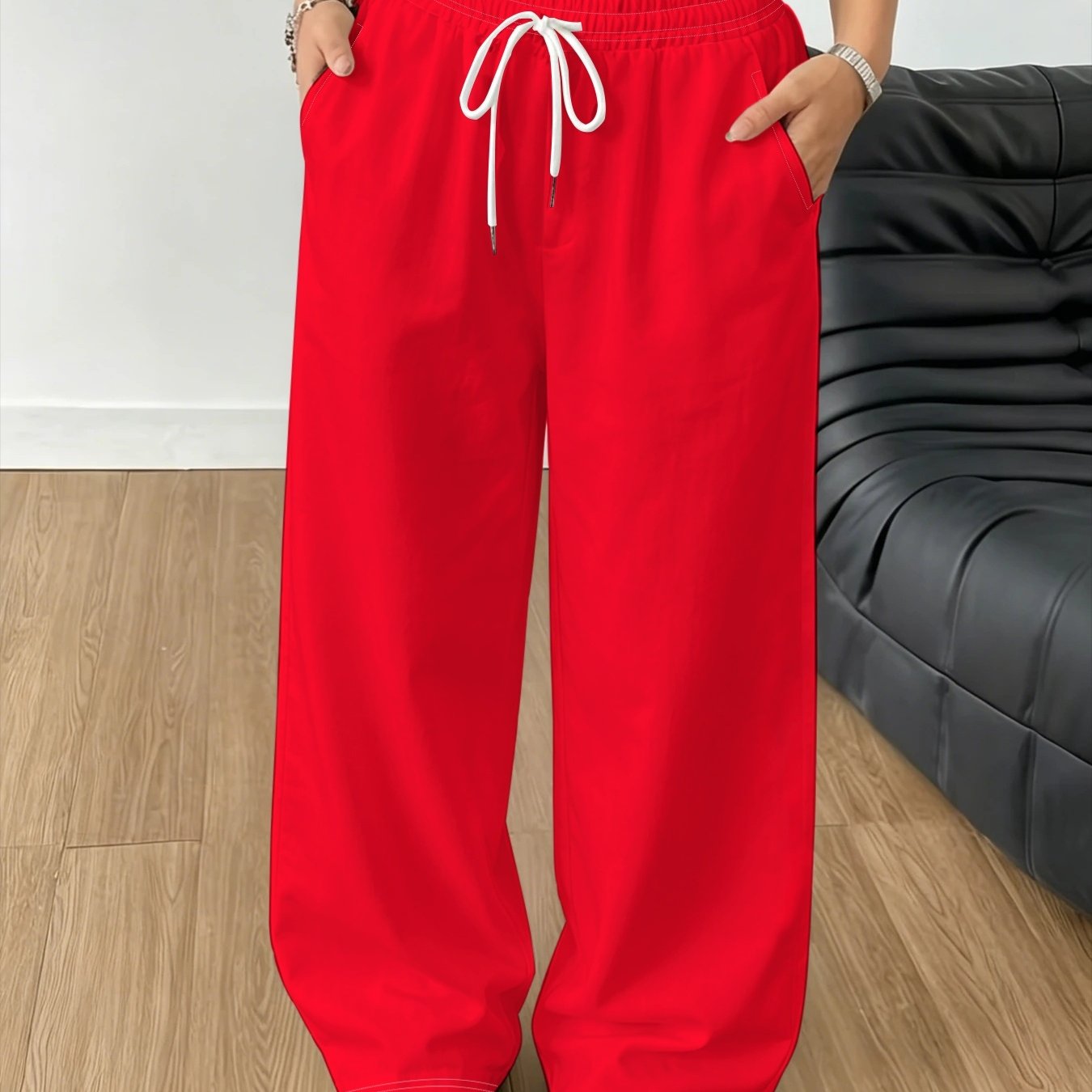 TEMU Wide-leg Trousers With Elastic Drawstring Waist - Straight-leg Pants Suitable For All Waistlines, Loose-fit Solid Red (machine Washable) For