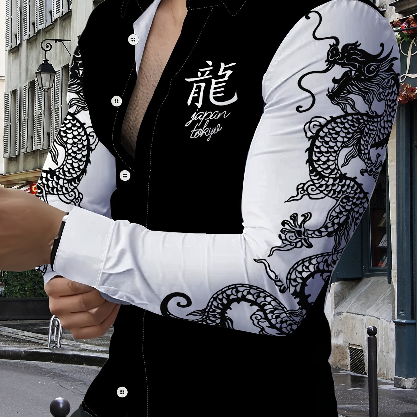 TEMU Men's Trendy Black And White Dragon Pattern Shirt, Featuring A Japanese 'dragon' Print, Long-sleeved, Slim-fit Casual Top With A Unique Street