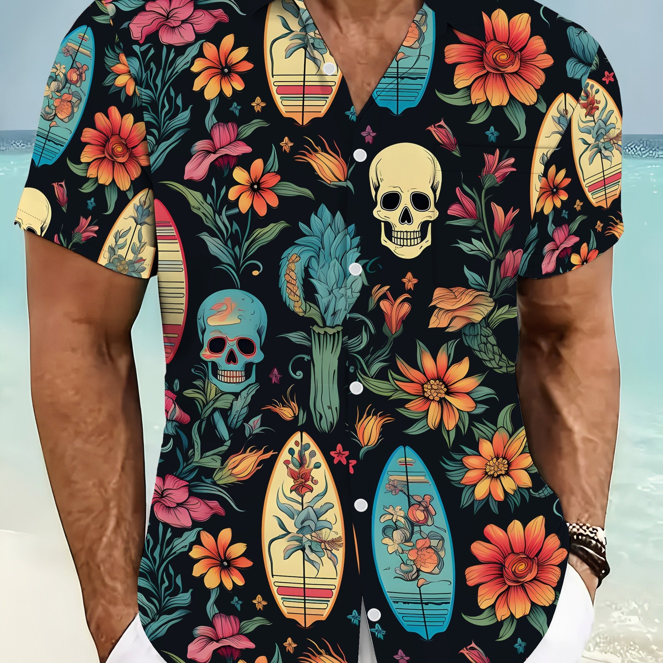 TEMU Camisa de manga corta con diseño floral y calavera tropical para hombre, talla grande, top casual de tela cómoda