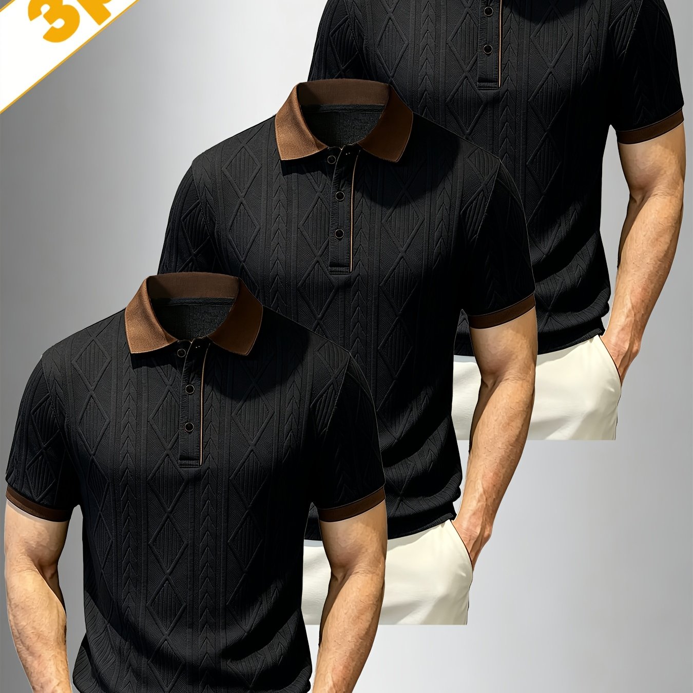 TEMU A Set Of 3 Stylish Men's Jacquard Shirts, Perfect For Spring, Autumn, And Summer. Made From Jacquard Fabric, Are Comfortable, Skin-friendly
