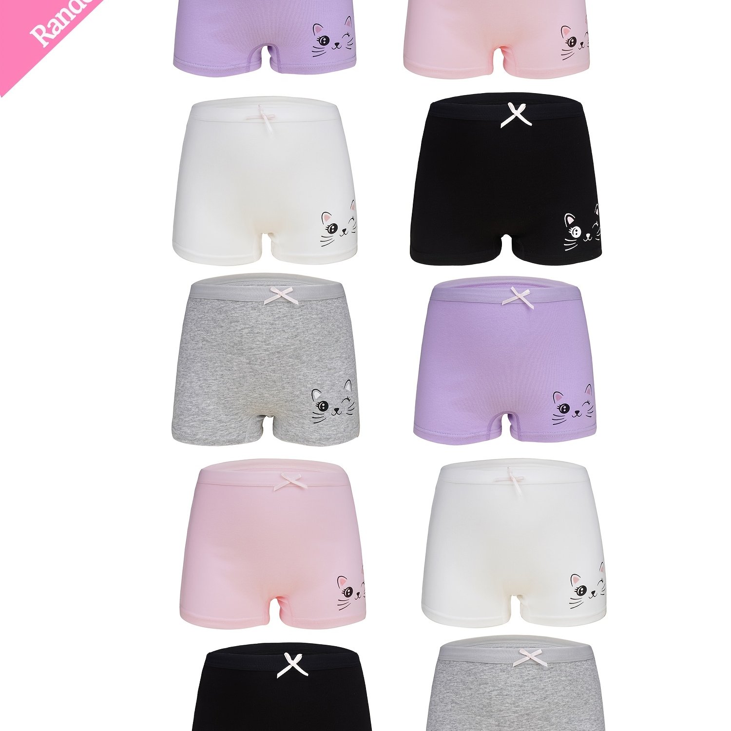 Random 10pcs Pc Girls' Underwear, Cute Cat Print Boxer Briefs, Comfortable And Breathable Undergarments