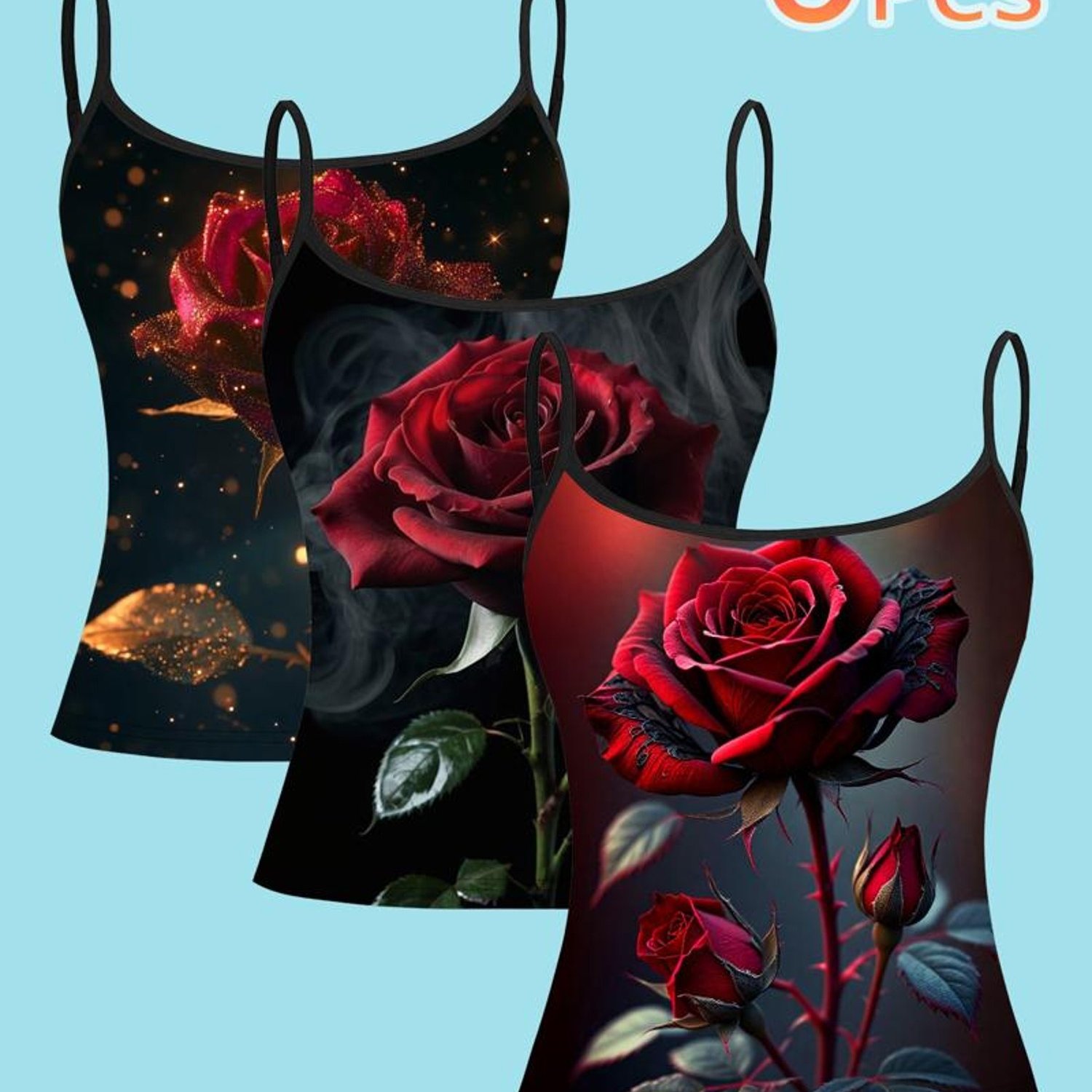 TEMU Plus Size - 3pcs Rose Print Plus Size Camisole Set, Women's Tops, Mixed Color, Multiple Specifications , Light Design, Stylish Rose-themed