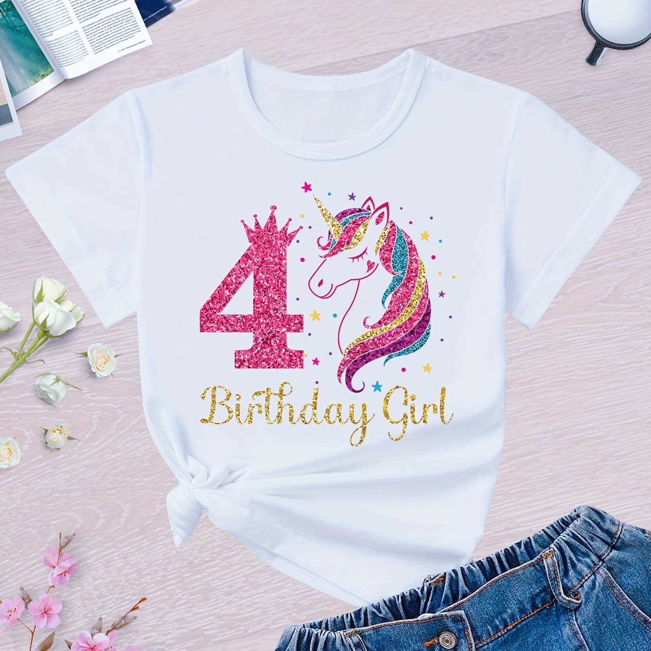 Image of Adorable T-shirt For A 4th Birthday Featuring A Crown Unicorn Design, Perfect For Parties And As A Gift For Children