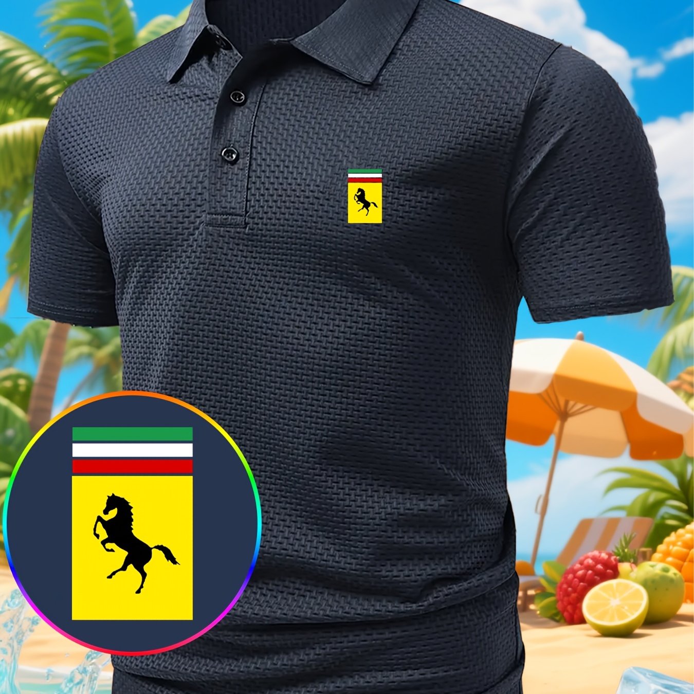 TEMU Men's Luxury Breathable Shirt | Casual Lapel Collar, Medium Stretch Fabric, Geometric Horse Pattern, Short Sleeve, Ideal For Summer Sports And