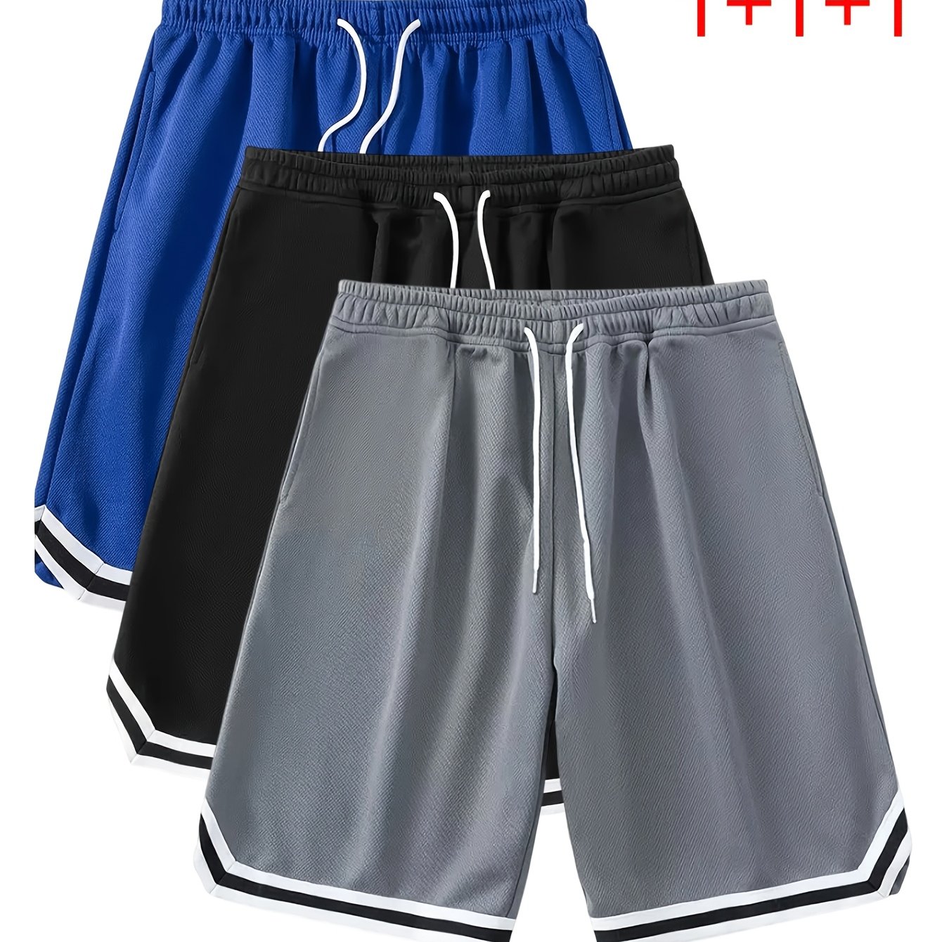 TEMU 3pcs Men's Athletic Shorts With Striped Trim And Mesh Basketball Style, Elastic Waistband Design, Loose Fit, Breathable Knit Sports Shorts,