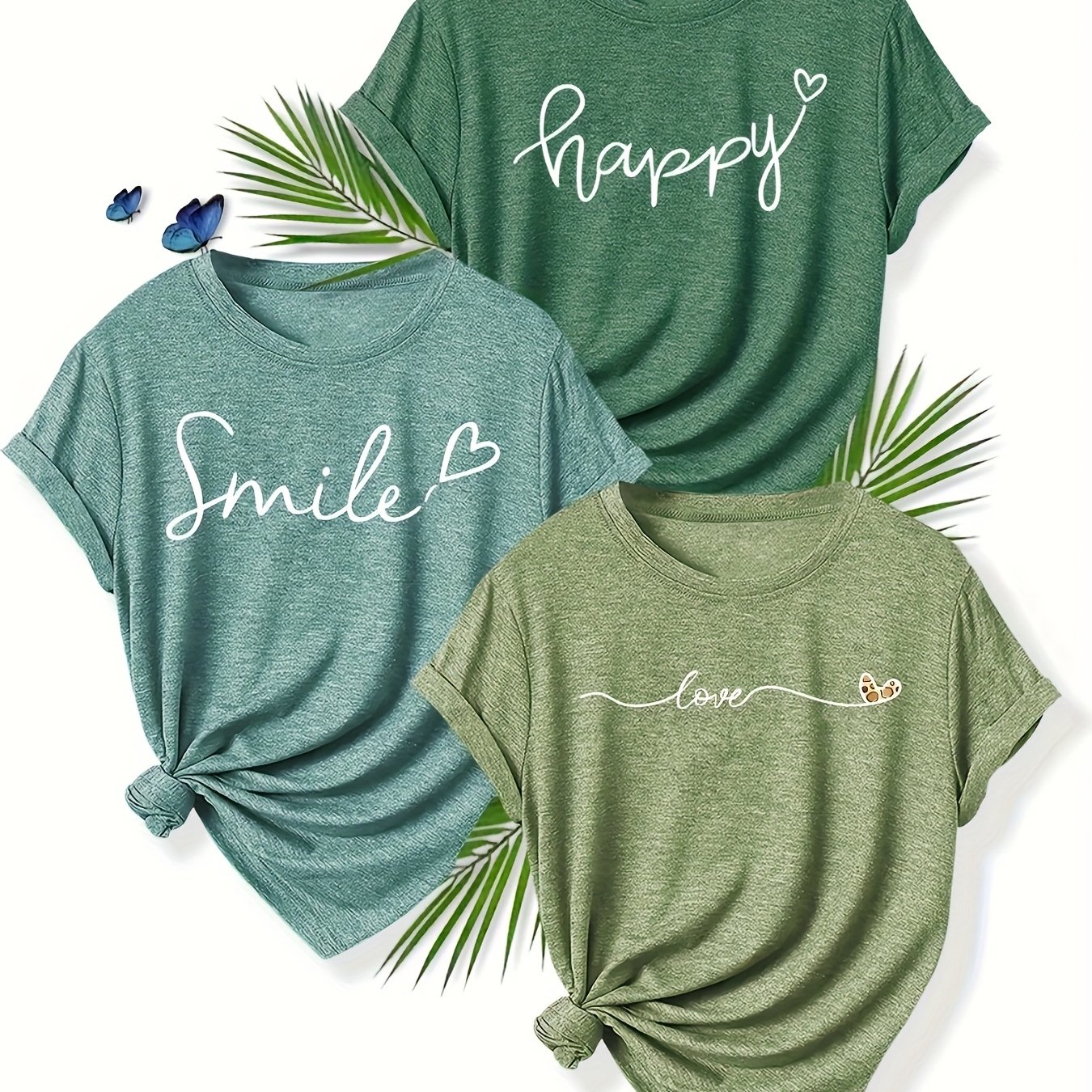 3pcs Letter Print T-shirt, Short Sleeve Crew Neck Casual Top For Summer & Spring, Women's Clothing