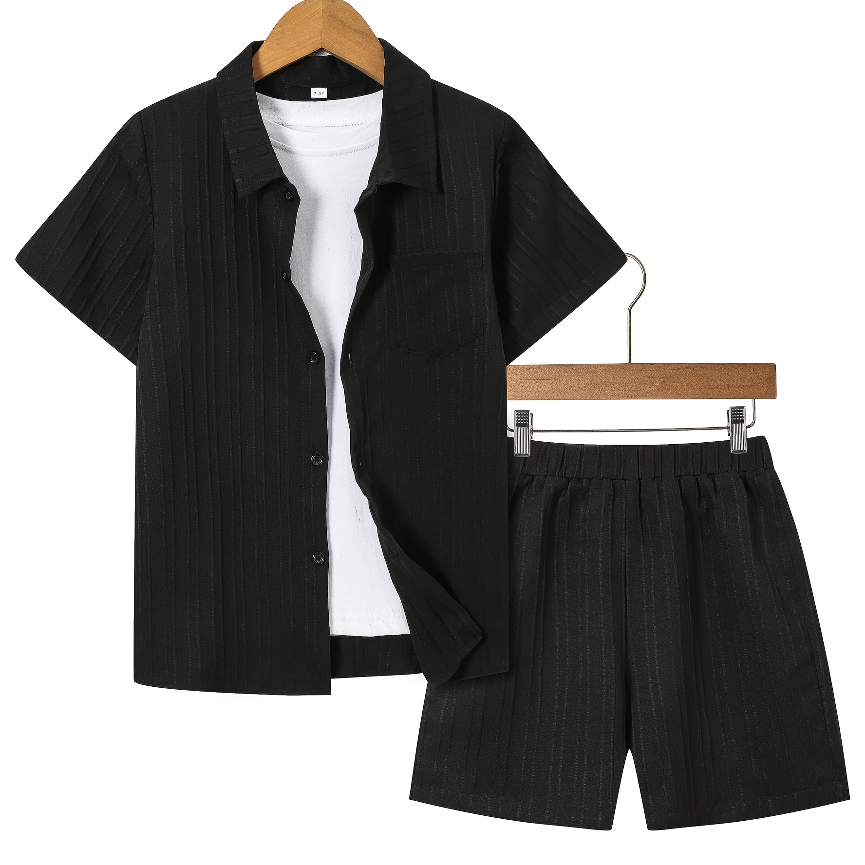 Boys' Casual Solid Stripe Short Sleeve Collar Shirt And Shorts Set, Perfect For Outdoor