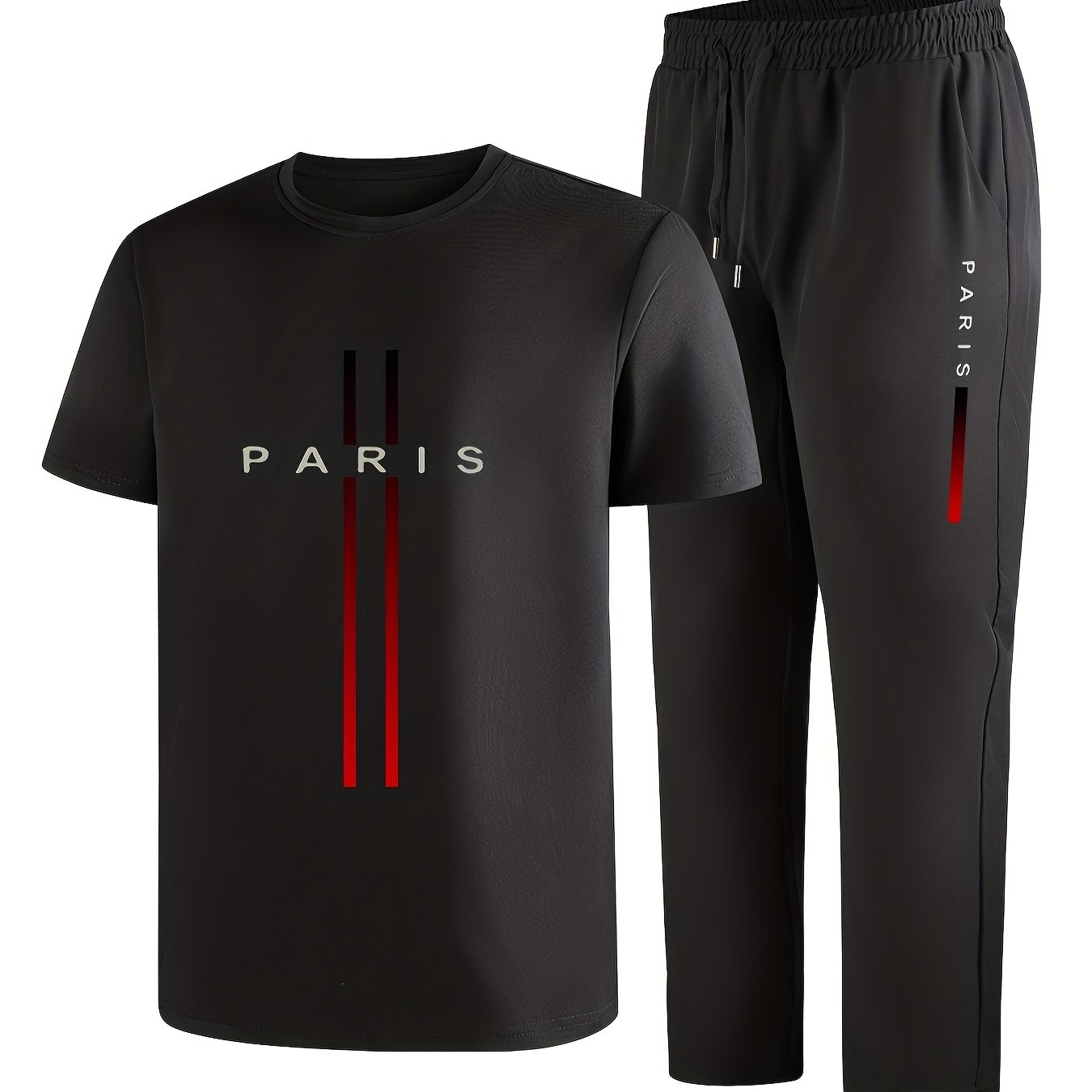 Image of Summer Fiber Fabric Short Sleeve T-shirt And Straight Leg Pants 2pcs Set With Printed Pattern, Quick-drying, Moisture-wicking, Athletic Suit