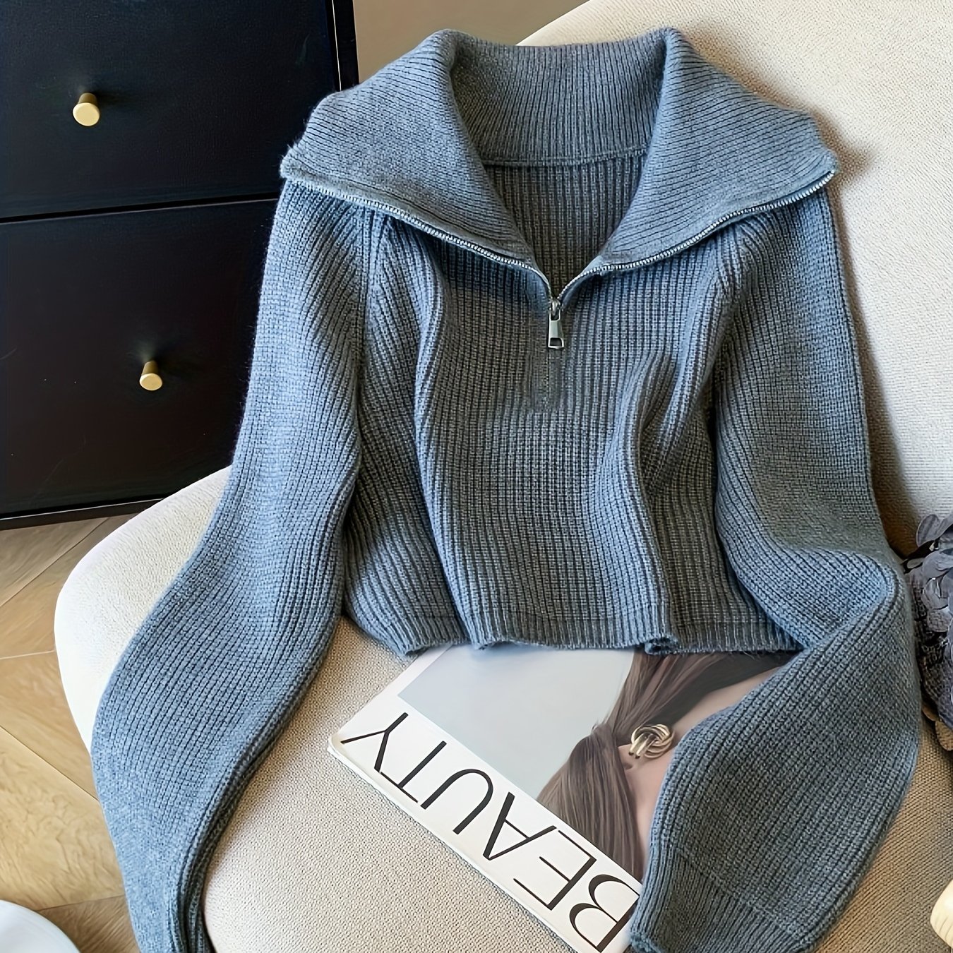 TEMU Jersey corto de larga con solapa de color liso y media cremallera de cintura para mujer, top corto de estilo para y otoño, jersey corto de