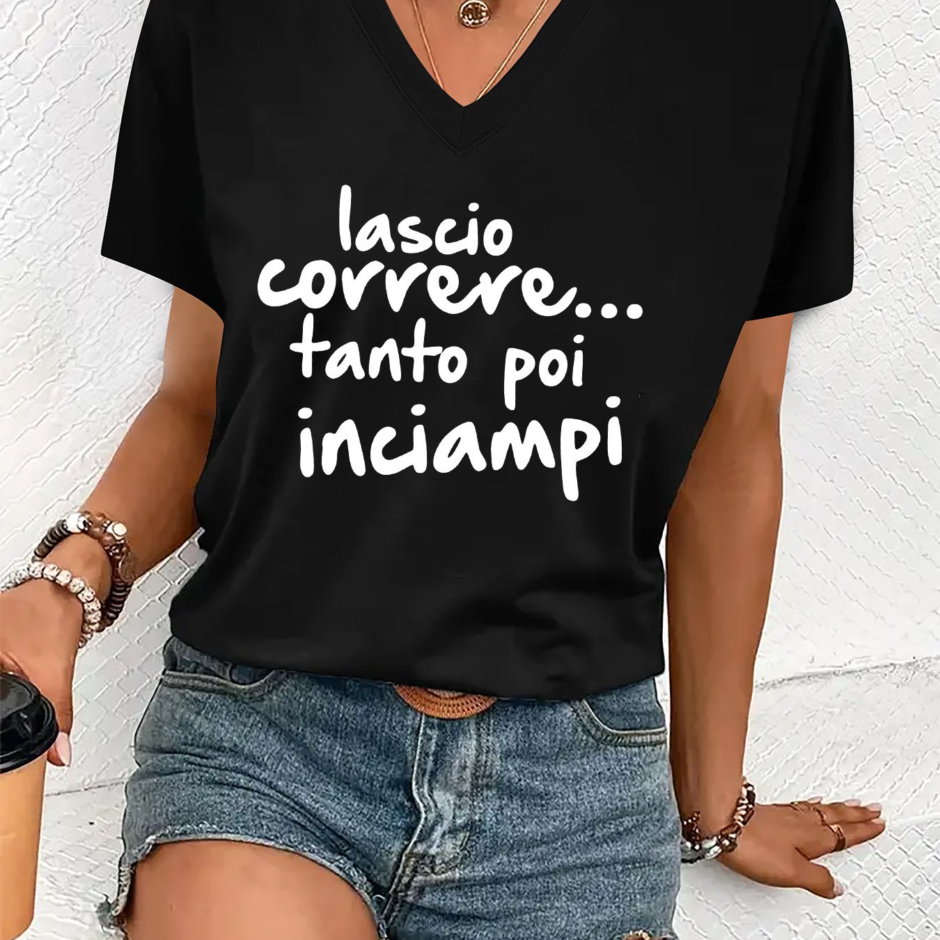 TEMU Maglietta casual a maniche corte con scollo citazione ispirata in "Lascio Correr... Poi Iniziamo" - Morbida e confortevole, in con lettere nere,