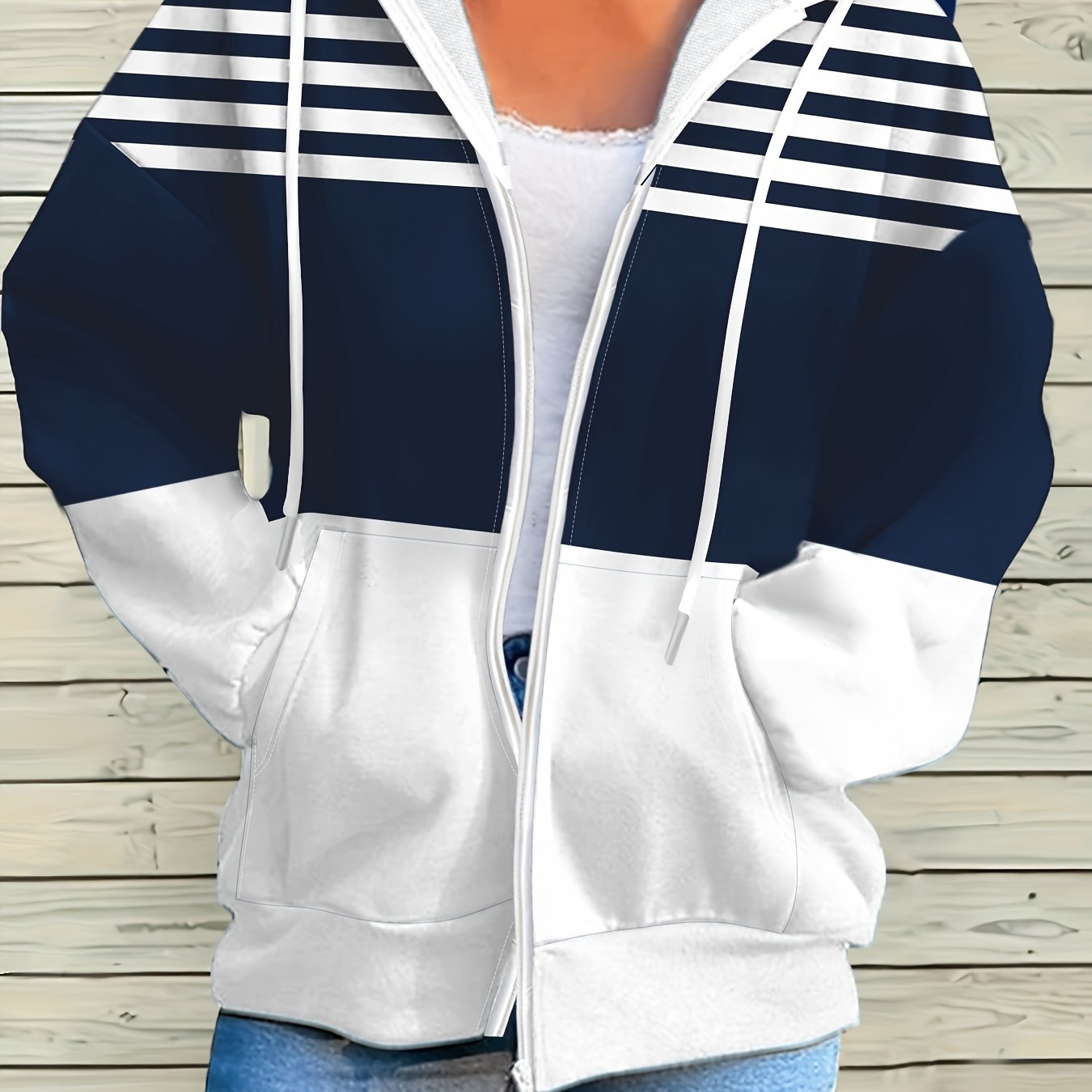 TEMU Plus Size - Dark Blue And White Striped Color-blocking Zipper Hooded Sweatshirt, Women's Spring And Autumn Loose Jacket