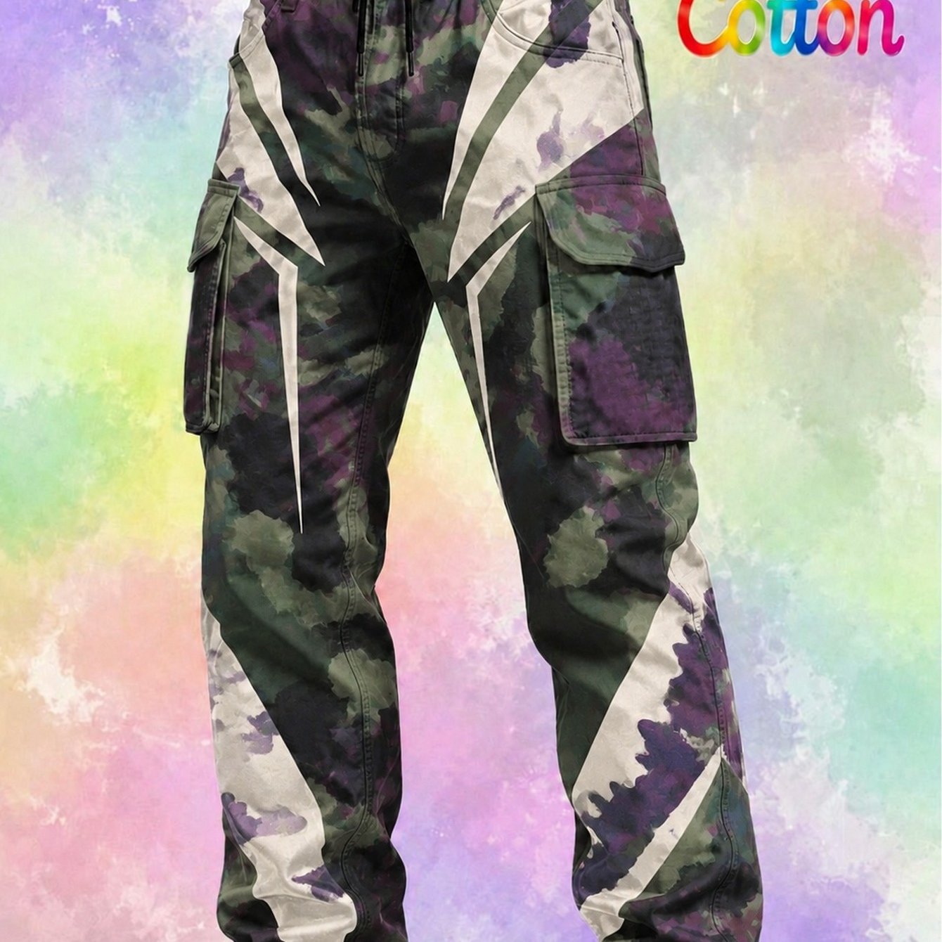 Image of 's Lace-up Retro Cargo Pants With Camouflage Color- Print, Suitable For Work And Casual Wear. Features Multiple Practical Pockets. A Stylish And Versatile Men's Garment For Occasions