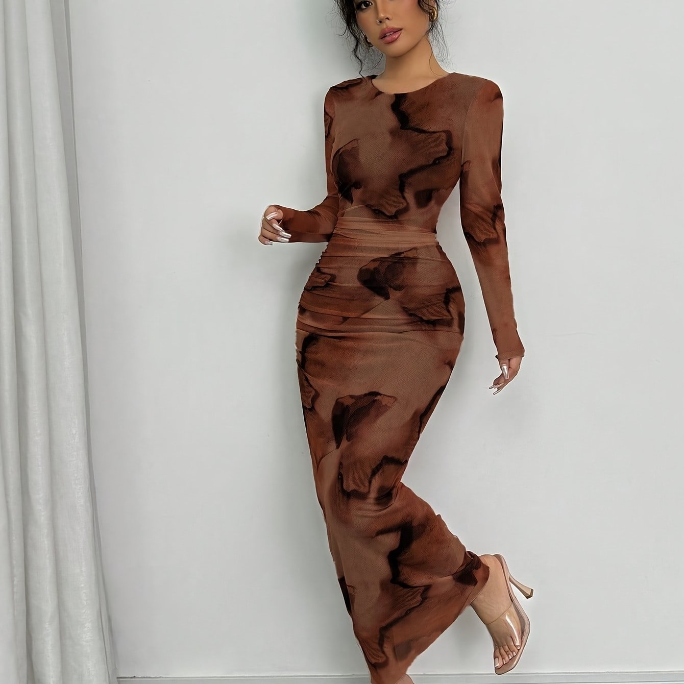 TEMU Designer Mesh Smudge Print Long Sleeve Round Neck Dress For Women, Elegant Waist Gathered Hip-wrapped Long Dress