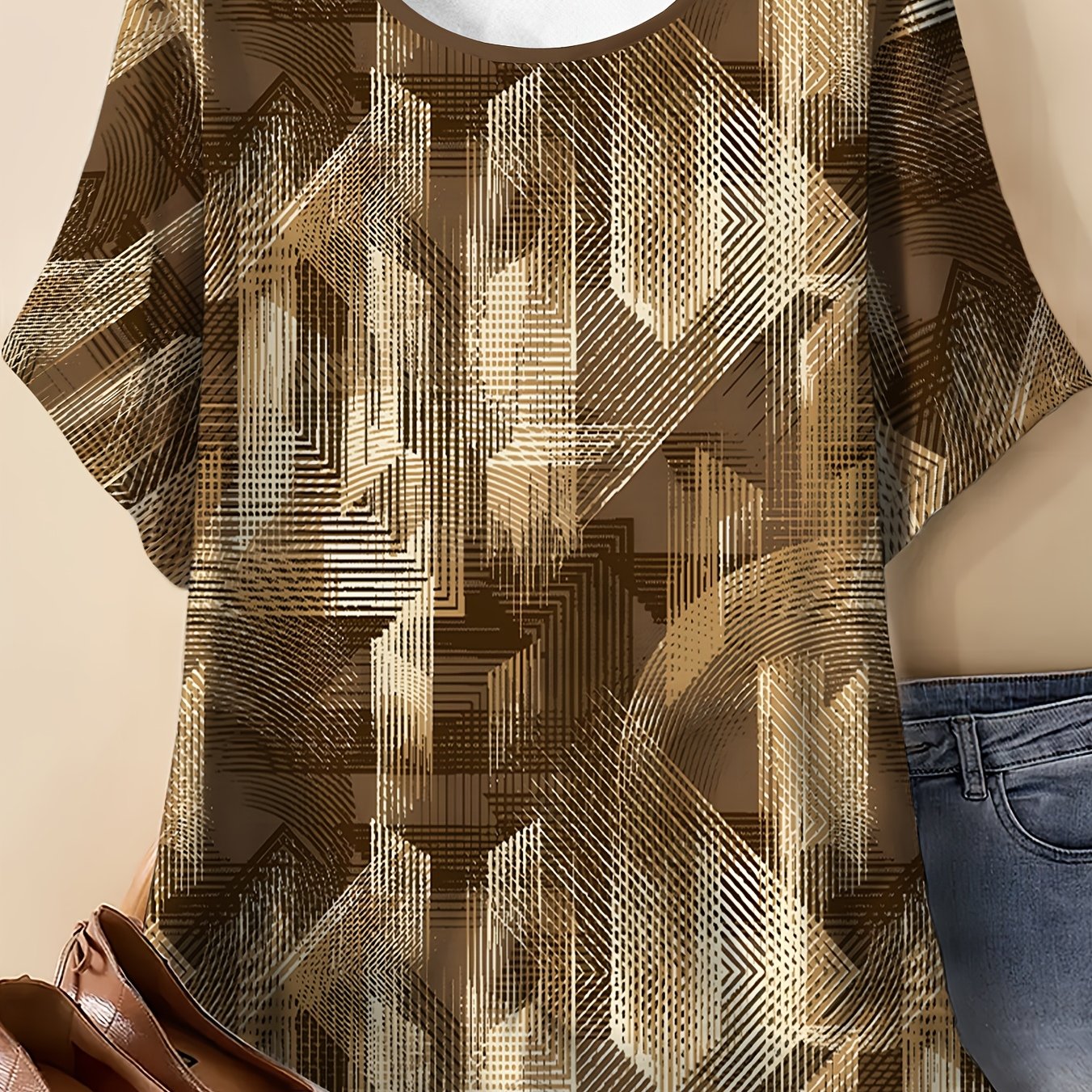 TEMU Brown Tone Three-dimensional Geometric Print T-shirt Textured Loose Round Neck Short-sleeved Top
