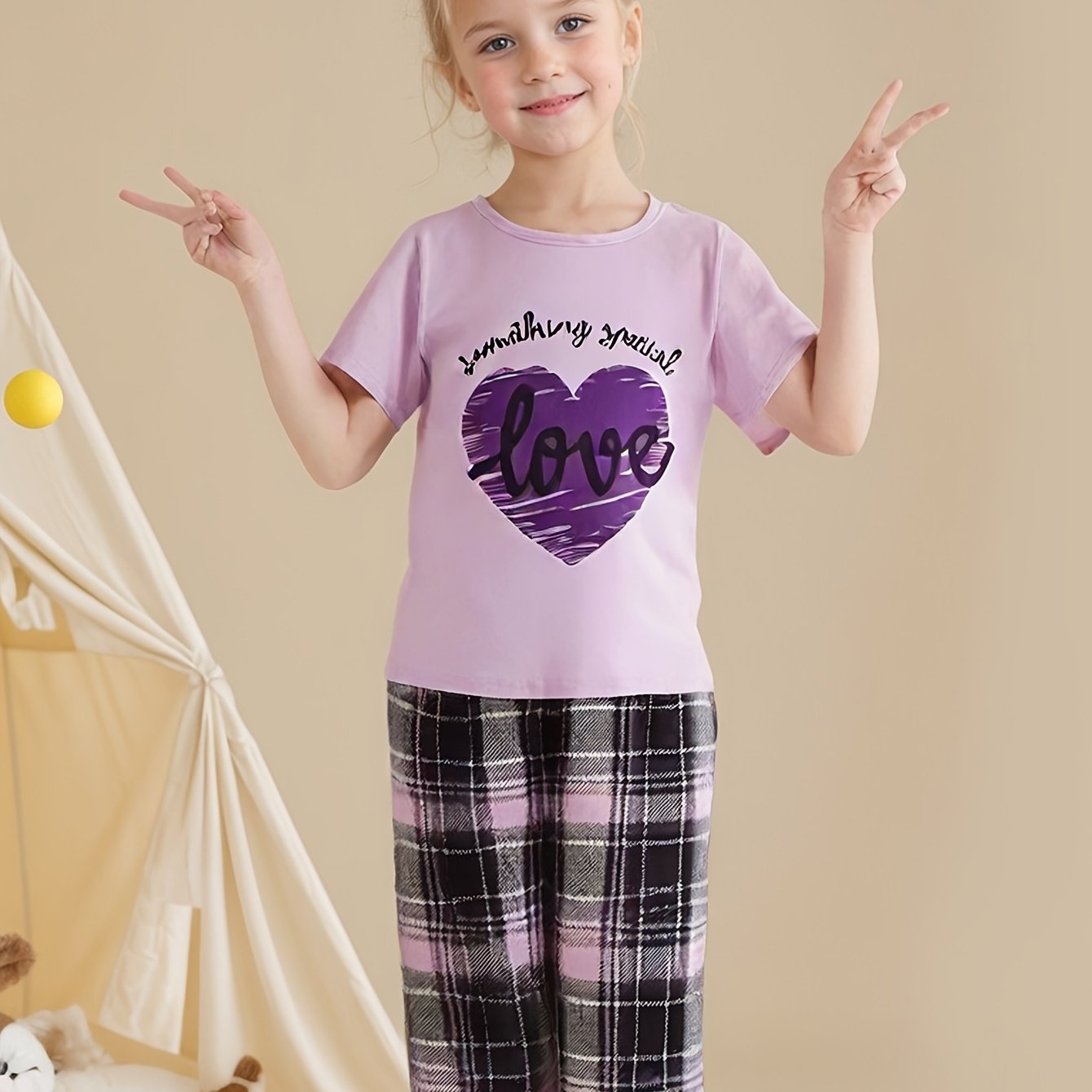 Image of Flame-retardant Fabric Plaid Print 3pcs Girls' Round Neck Elasticity Fabric Sleepwear Set, Regular Fit For Spring Summer Autumn