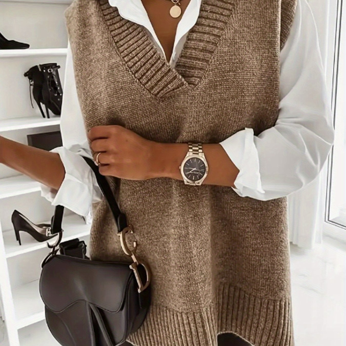 Image of Plus Size Women's Spring Summer Autumn European Fashion Vest, Elegant Versatile Solid Color V-neck Plus Size Women's Vest, Commuter Style Soft Fabric Outerwear For