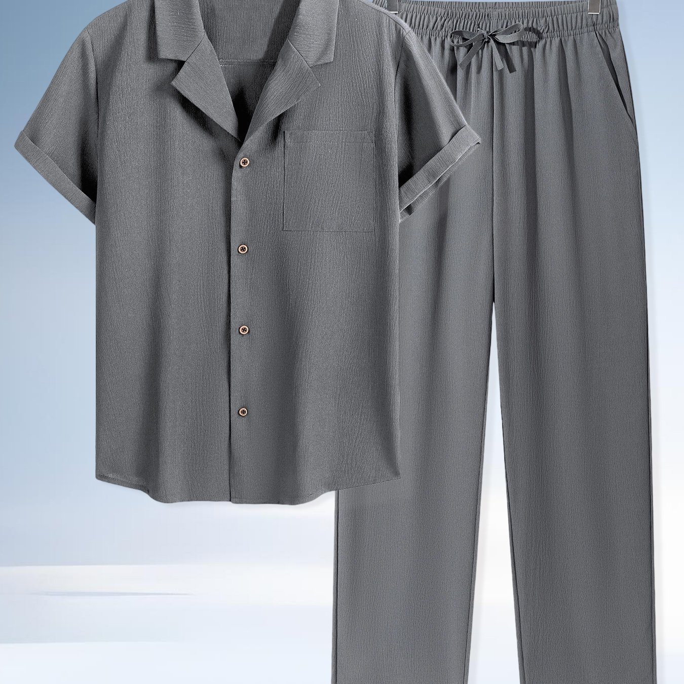 TEMU Men's Spring/summer Solid Color Short-sleeve Shirt With Collar And Elastic Drawstring Pants With Pockets 2pcs Set, Woven Fabric With Textured