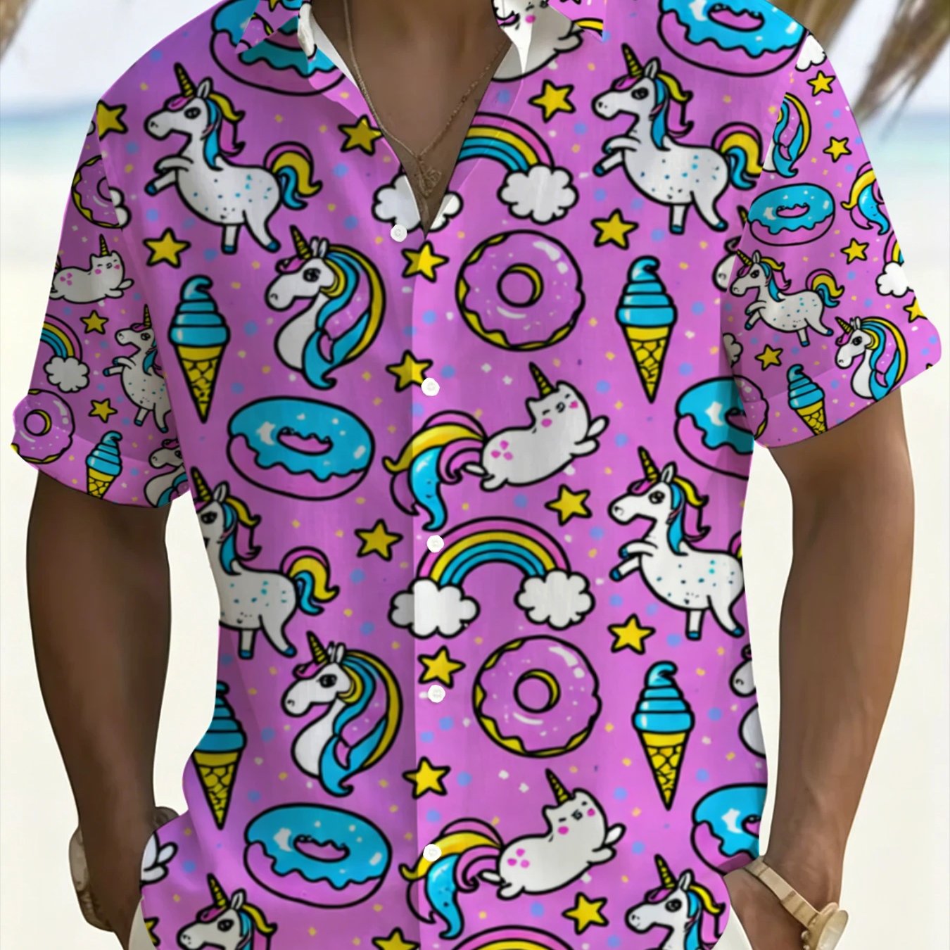 TEMU Unicorn Print Hawaiian Shirt, Men's Short Sleeve Floral Shirt, Beach Vacation Casual Top, Plus Size