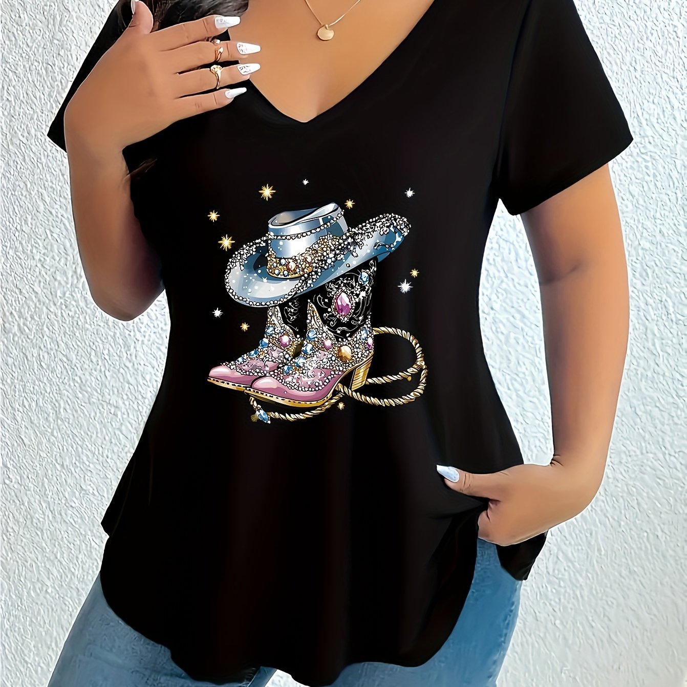 E-shop Plus Size - Plus Size - [2D-Druck] Frühling/Sommer Plus Size Damen Elegantes Kurzarm V-Ausschnitt T-Shirt Bequemes Lockeres Mikro-Elastisches
