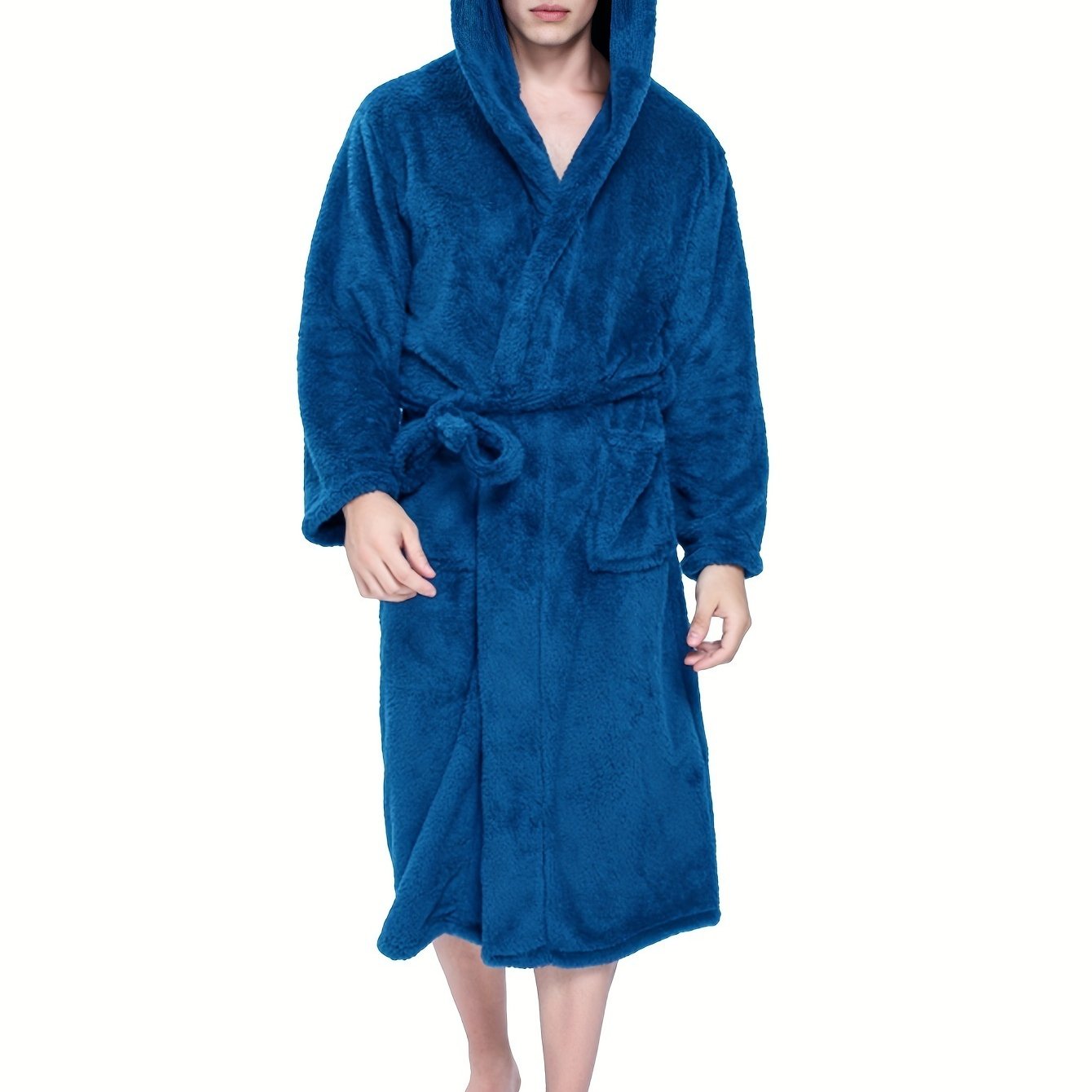 TEMU A Coral Fleece Men's Hooded Bathrobe, Perfect For , Casual Use, Soft, Absorbent, Suitable For The Bathroom, Bedroom, Or Pool