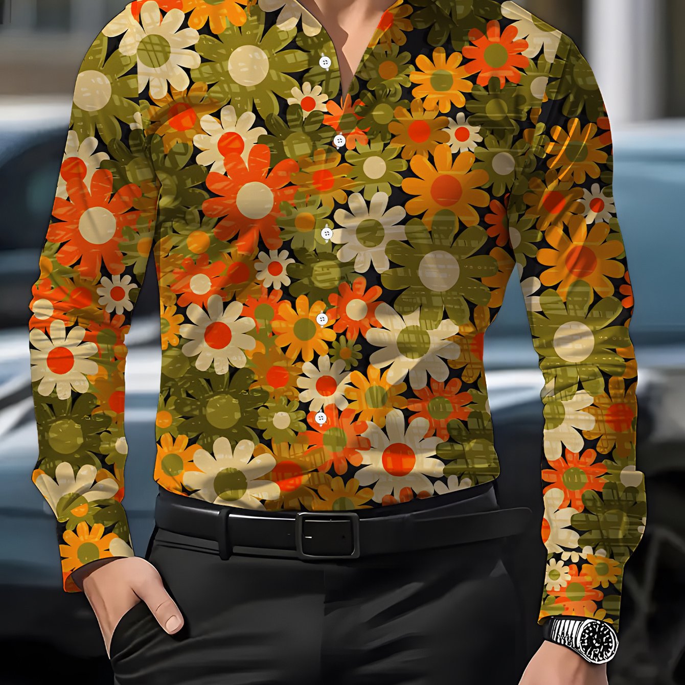 TEMU Men's Long Sleeve Shirt, Full Floral Print, Men's Printed Shirt, Colorful Small Daisies, Men's Shirt, Warm- Floral Style, Men's 3d Casual Shirt,
