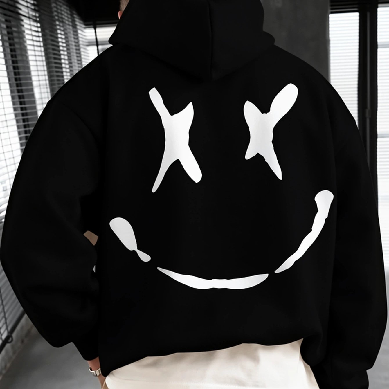 Image of Men's Heavyweight Oversized Hooded Sweatshirt Beige Streetwear Pullover With Face & Back Print, Soft Warm Long Sleeve Loose Fit Hoodie, Casual Round Neck, Stretch
