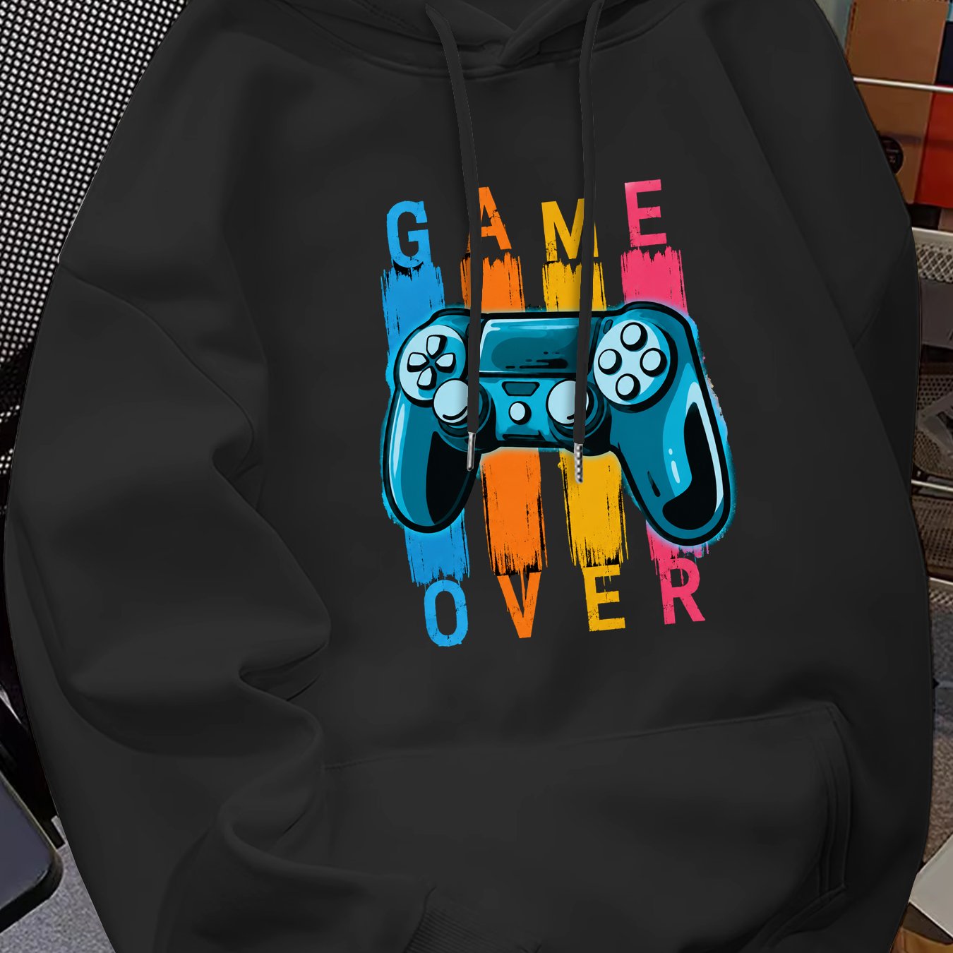 TEMU Hooded Sweatshirt With Printed Game Over Game Controller Pattern, Autumn/winter Style