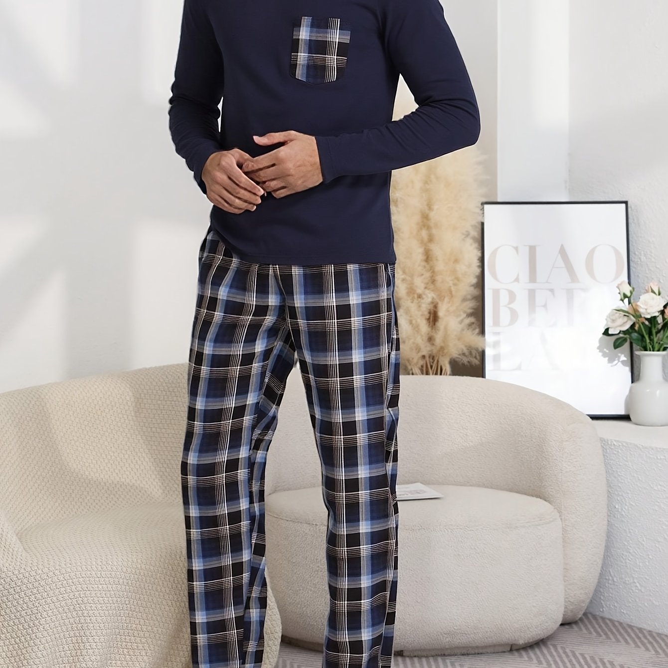 Autumn Casual Men's Pajama Set, Checkered , Striped Print Pants, Comfortable Long Sleeve Long Pants 2pcs Set