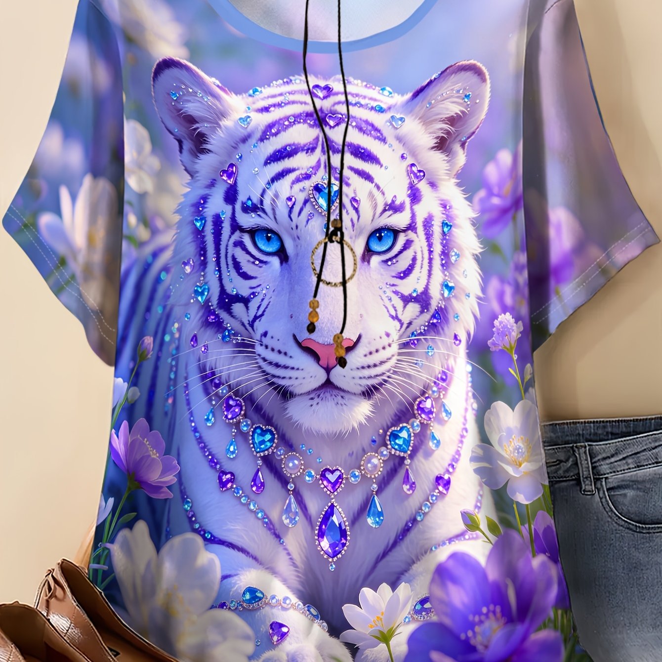 TEMU Plus Size Women's T-shirt, Pattern Print, Round Neck Short Sleeve Summer Diamond Gemstone White Tiger Floral Print, Loose Round Neck Design