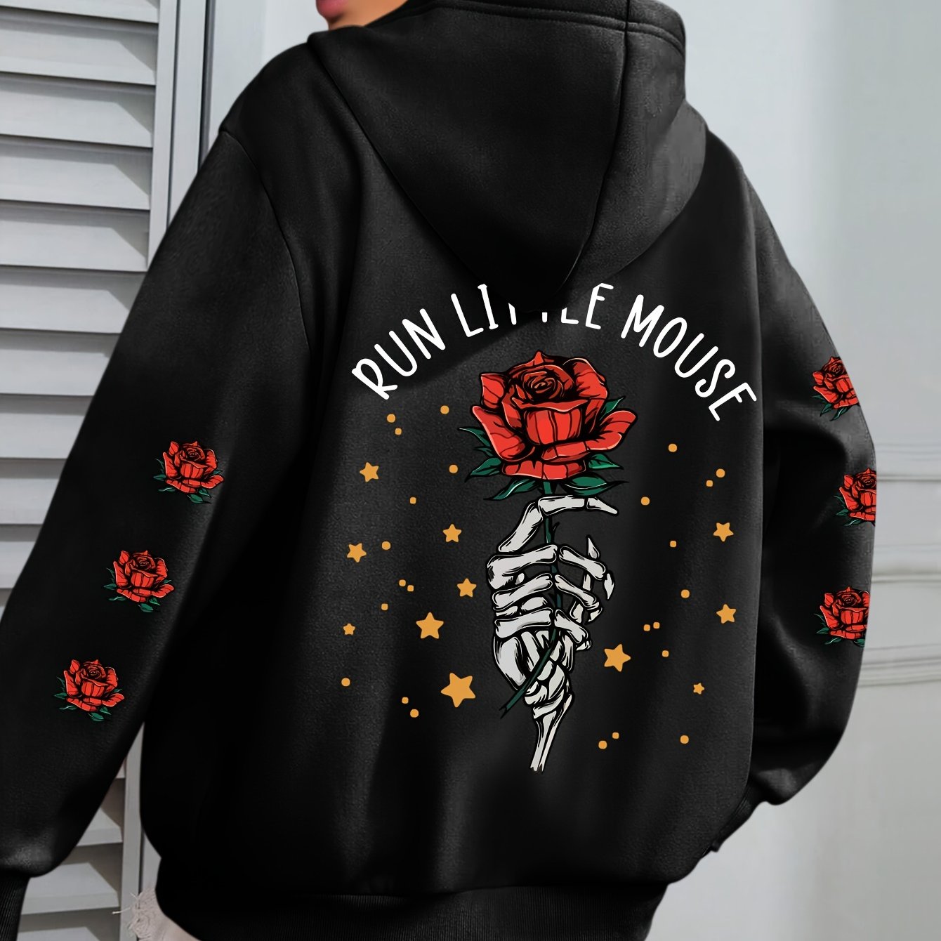 TEMU Plus Size, Plus Size Rose & Skull Print Hoodie, Casual Long Sleeve With Pocket Hooded Sweatshirt For Winter & Fall, Designed For Women, Women's