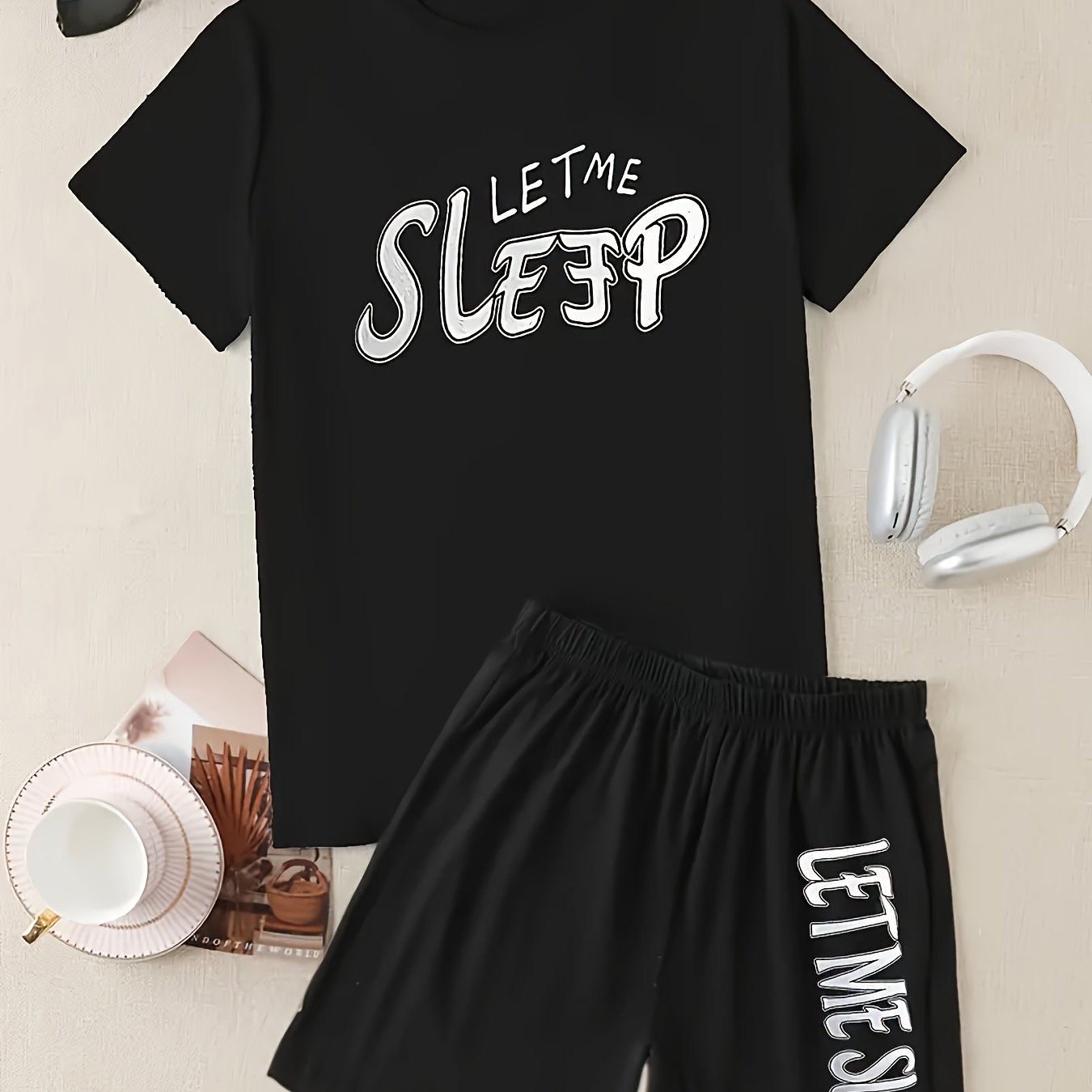 Image of 2pcs Spring/summer Men's Letter Print Short Sleeve Short Shorts Set, Soft Comfortable Elastic Waist Set For Outdoor Wear