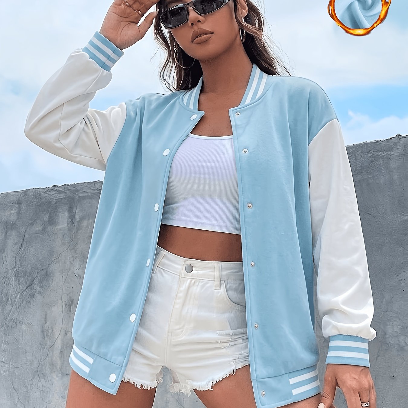 Style -lined Color-block Snap-front Baseball Jacket, Autumn/winter Casual Outdoor Sports Jacket Top, Y2k Style, , College Style Outfit, Women's Casual Loungewear And Sport Baseball Jacket