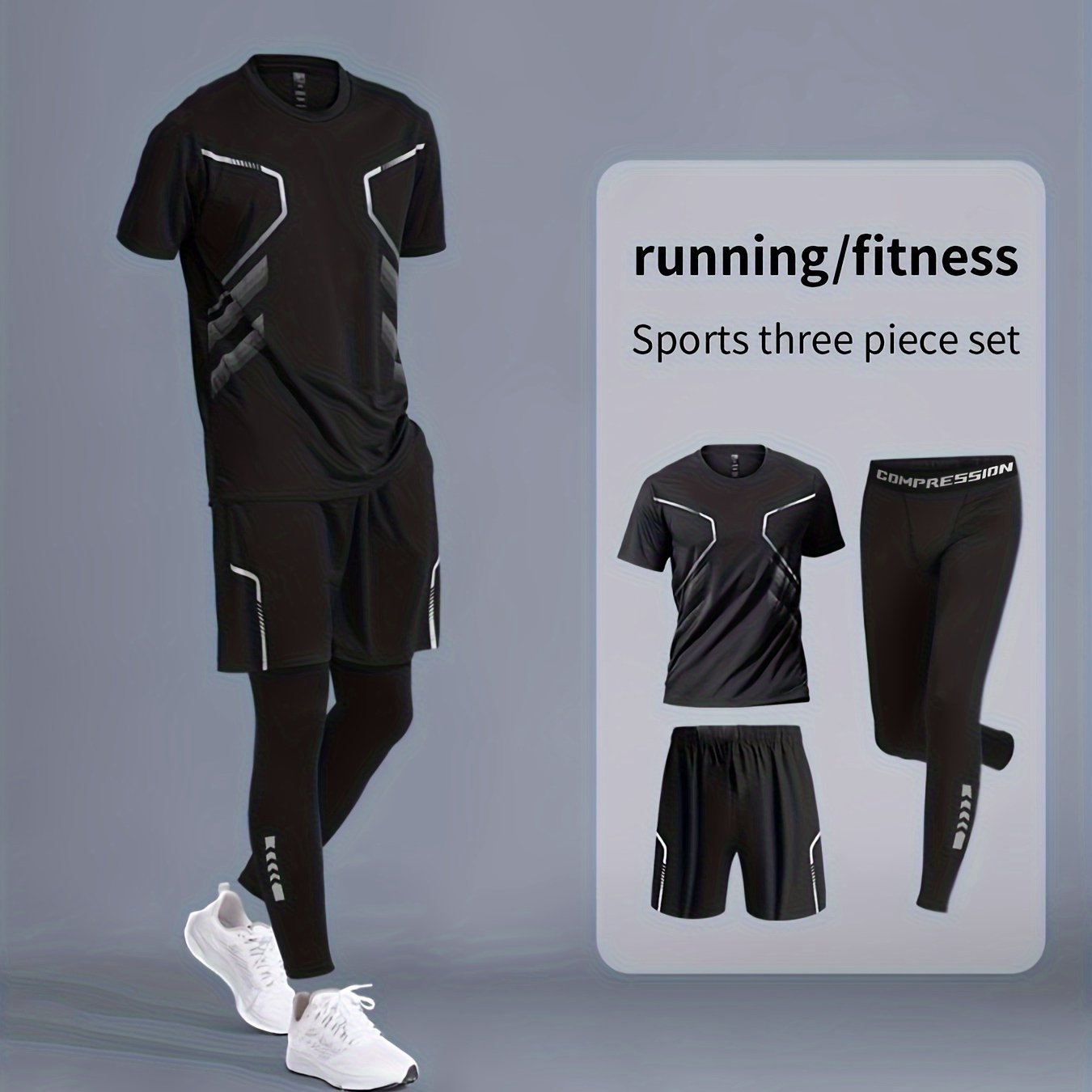 Image of 3pcs Men's Printed Pattern Quick-dry Sportswear Set: Short-sleeve T-shirt + Breathable Shorts + High-stretch Leggings, Suitable For Basketball, Fitness, Running, And Cycling