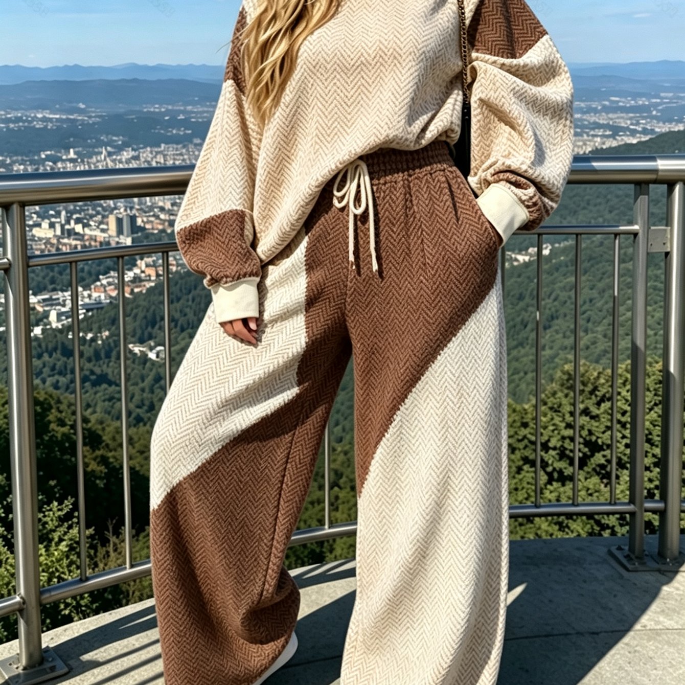 Image of Herringbone Womens 2pcs Set Womens Crew Neck Sweatshirt High Waist Wide Leg Sweatpants Set Essential Spring Summer Trendy Pattern Durable Casual Fashion Breathable Comfortable
