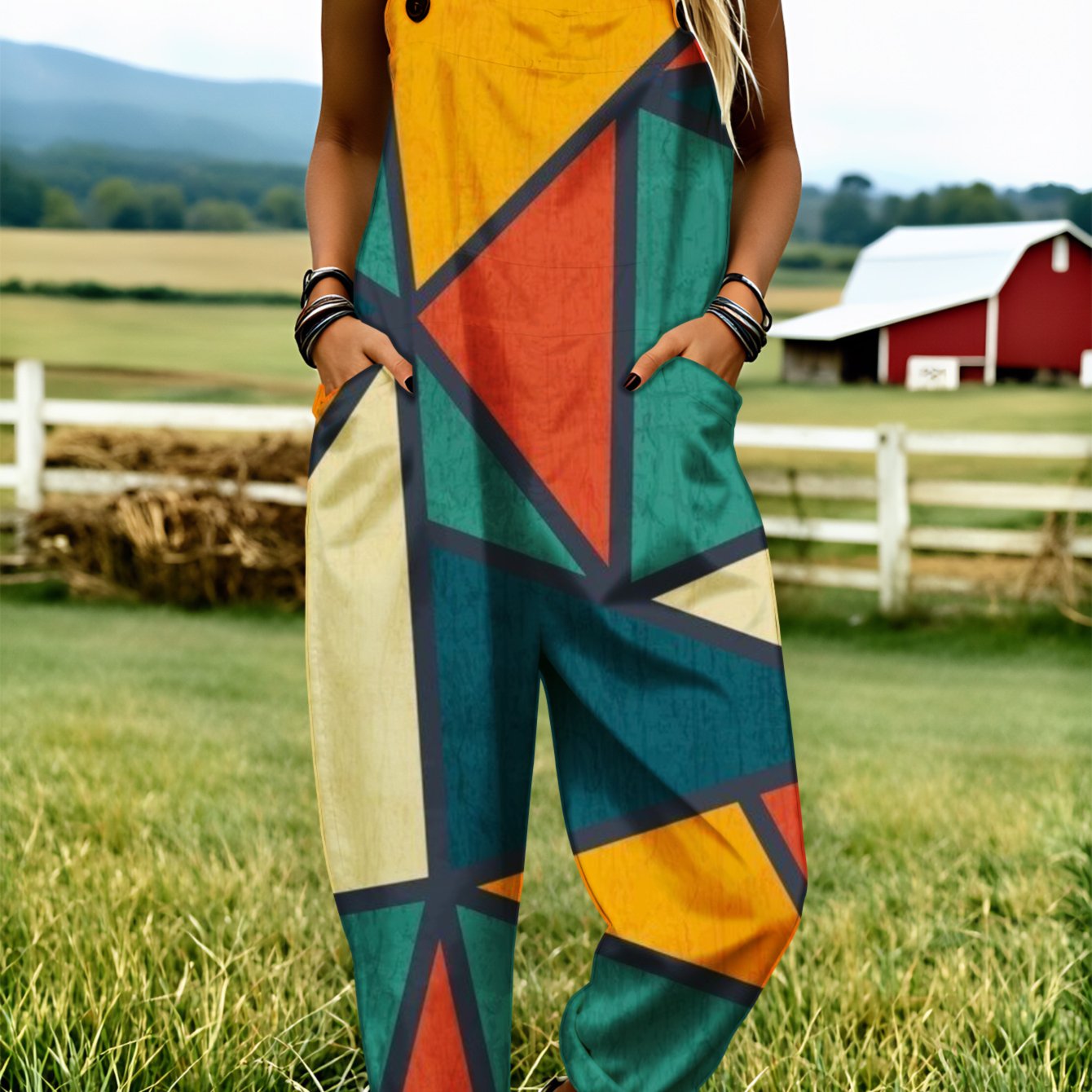 Image of Women' Size Overall Jumpsuit, Size S-2xl Geometric Color Block Adjustable Shoulder Straps Machine Washable Clothing Suitable For Daily Wear, Home Loungewear And Travel. Perfect Gift For