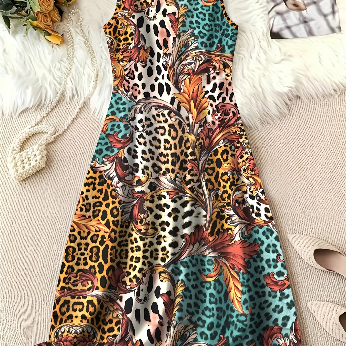 TEMU Plus Size, Large Women's Leopard Print Floral Print Round Neck Sleeveless Loose Straight Tube Mid Length Dress