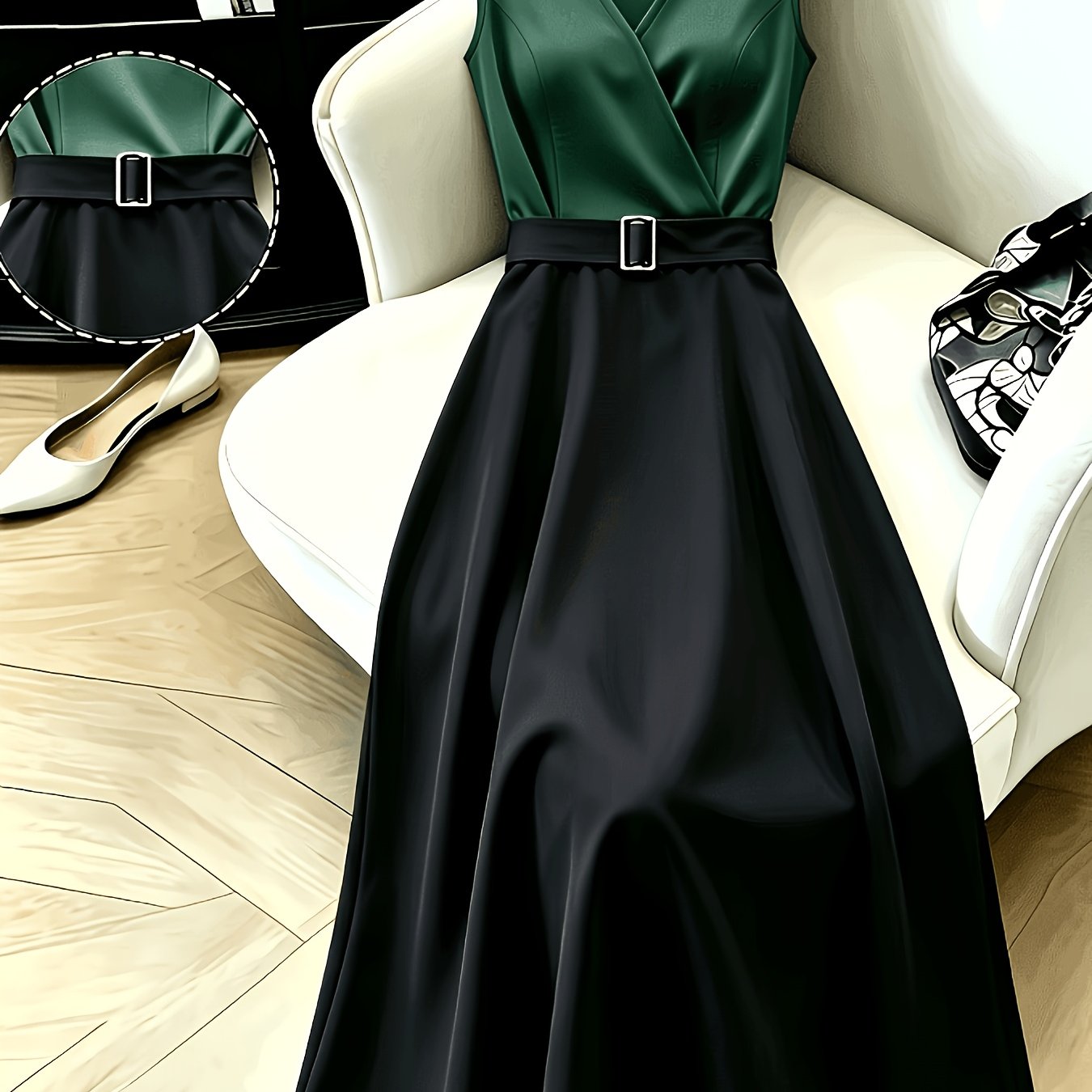 TEMU Women's Elegant Color-block V-neck Sleeveless Dress With Belt And Statement Button, Waist-cinching Design, A-line Long Dress, Suitable For ,