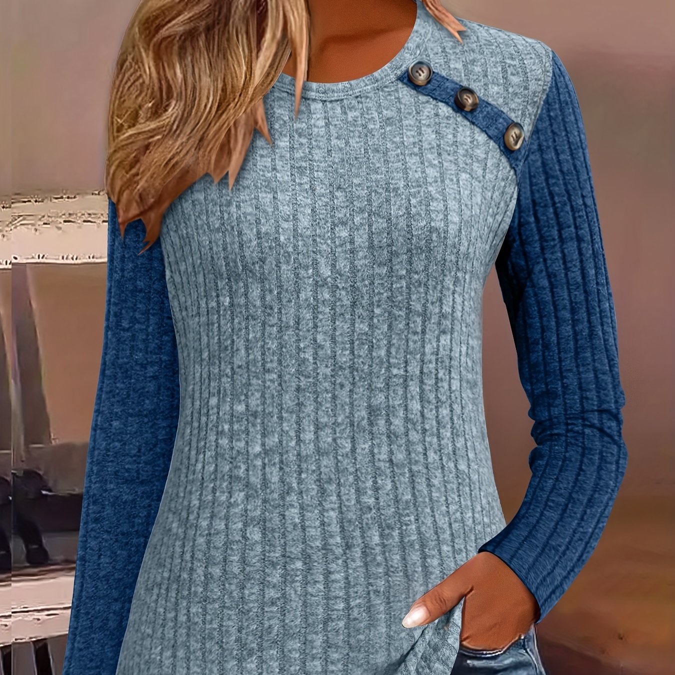 Autumn-winter Round Neck Long Sleeve Ribbed Button Color-block Women's Top