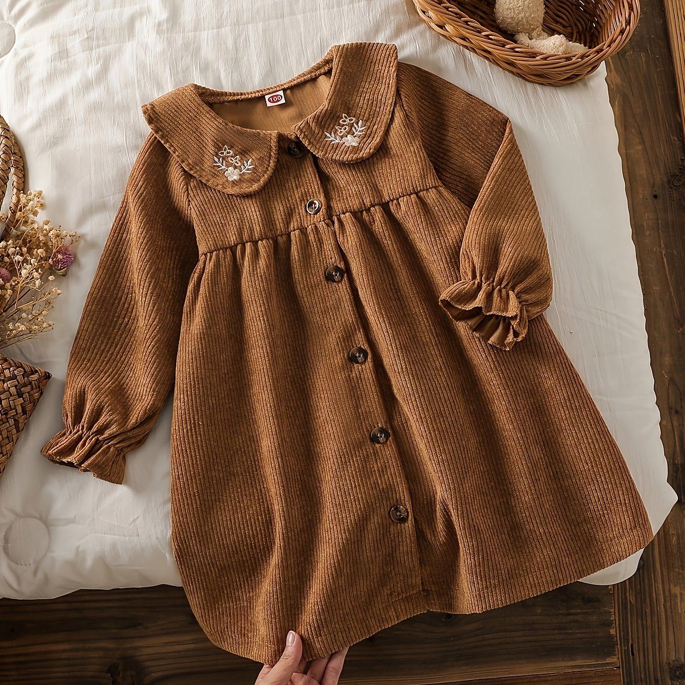 TEMU Spring And Autumn Girls' Corduroy Doll Collar Shirt Dress With Ruffle Cuffs, Front Buttons, Casual And Fashionable For