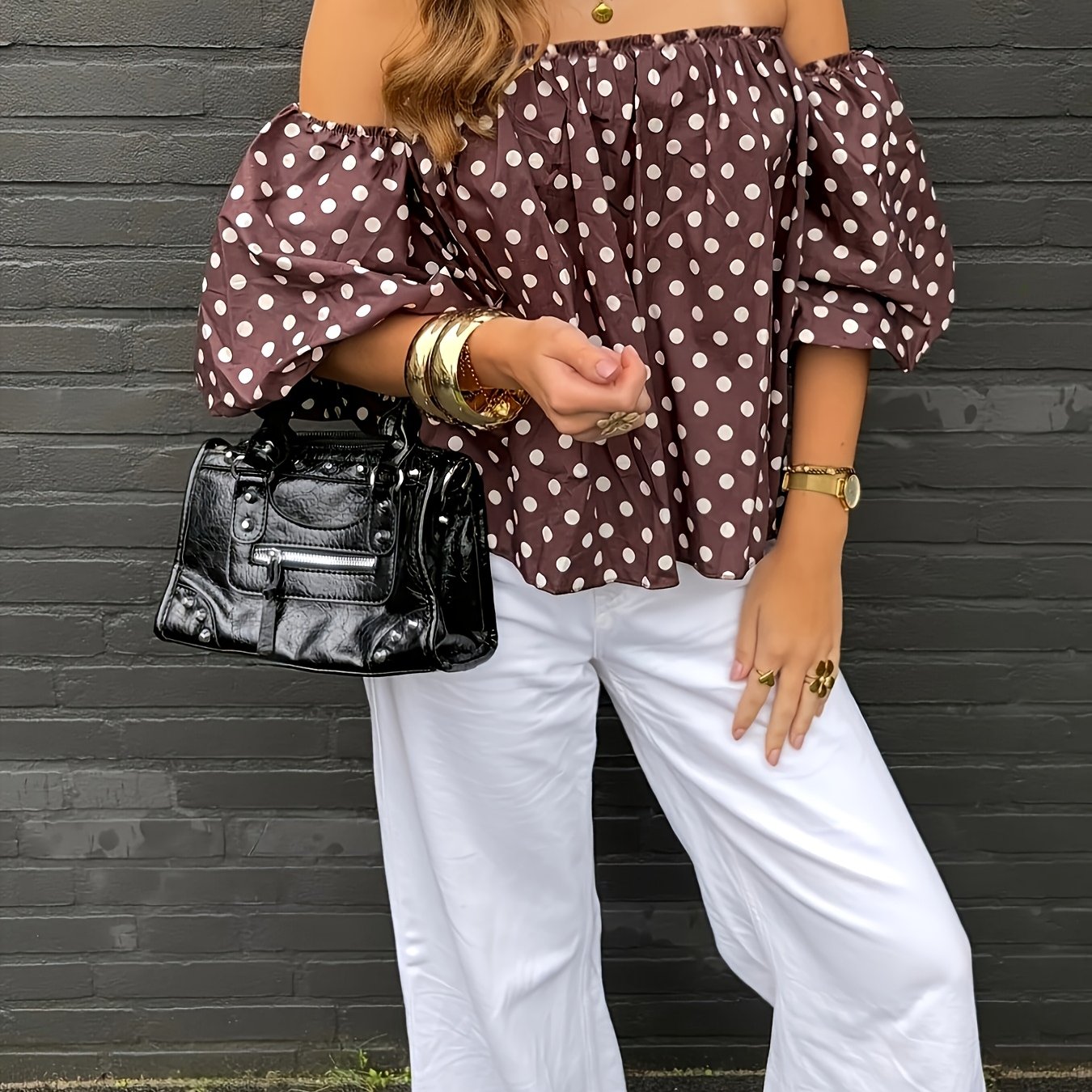 TEMU Ladies' Elegant Off-shoulder One-shoulder Dotted Top