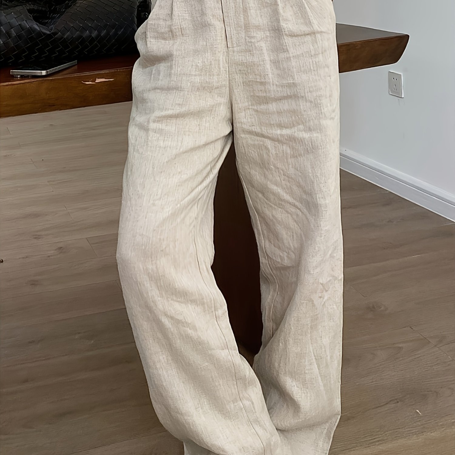 E-shop 2025 Frühling/Sommer Neue Urlaubsstil Damen High-Waist Hosen/Business Casual Urlaubs-Wide-Leg Hose, Lockere Passform Sommer Neue Leinen LL168