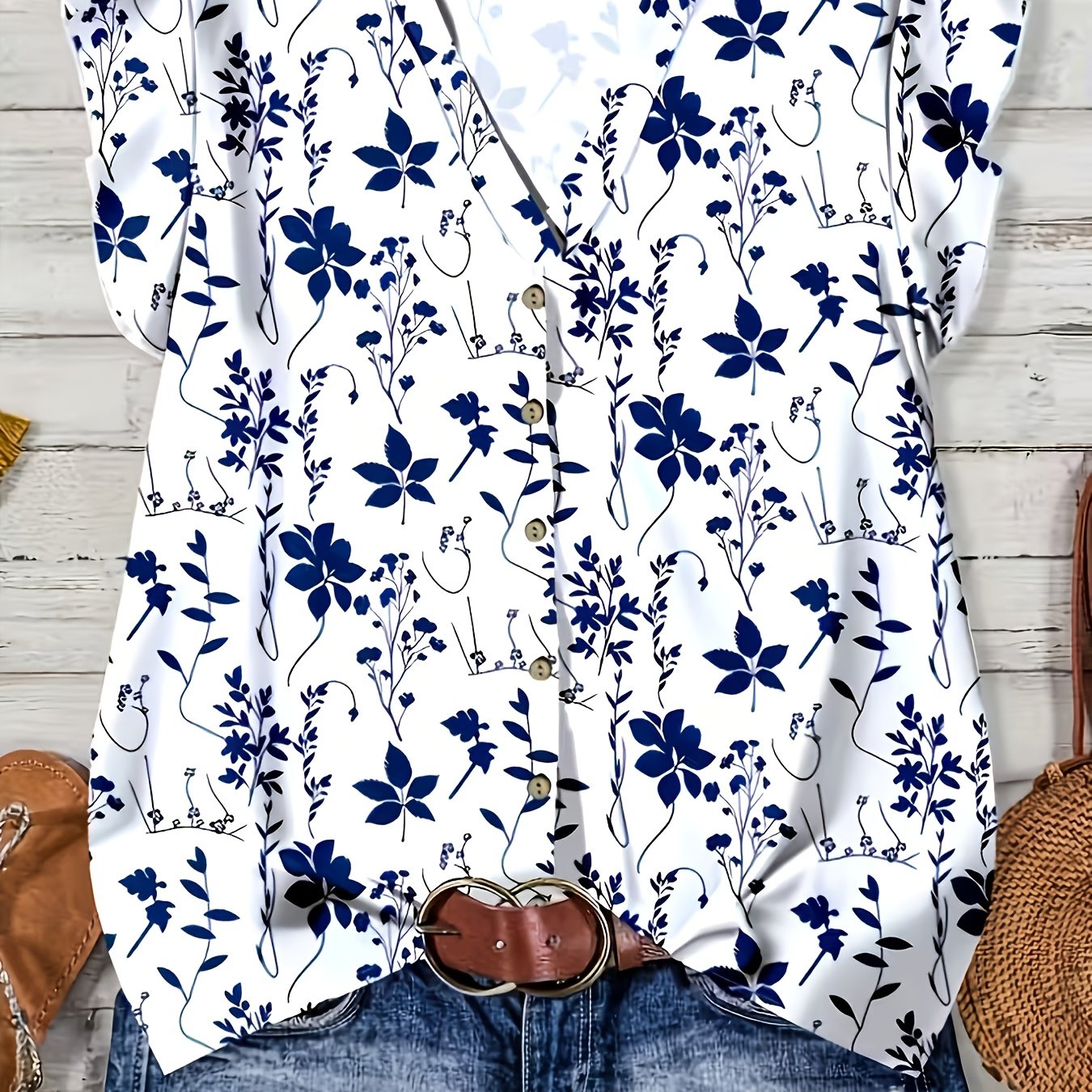 TEMU Une chemise décontractée à imprimé floral bleu pour femmes, parfaite pour estivales et les occasions élégantes