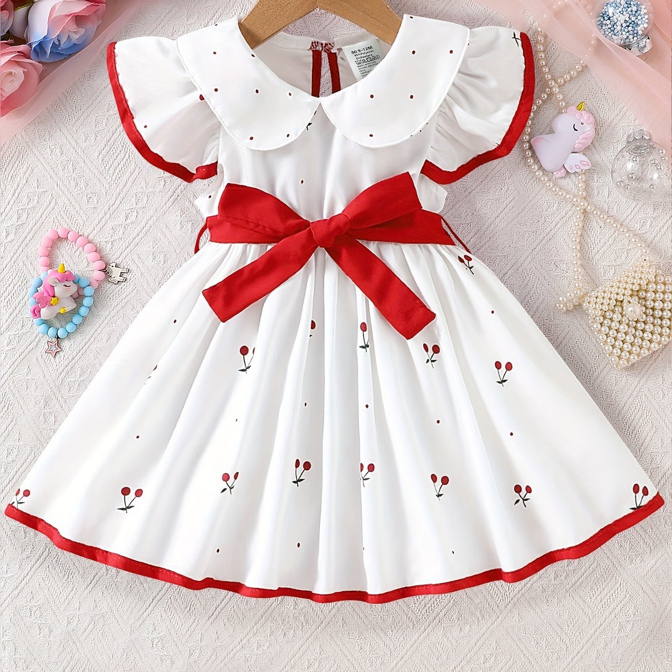 Image of Dress, Cute Lapel Puff Sleeve Bow Princess Dress, Fashionable Casual Dress, Sweet Cherry Print Summer Wear, Daily Versatile Summer Outfit