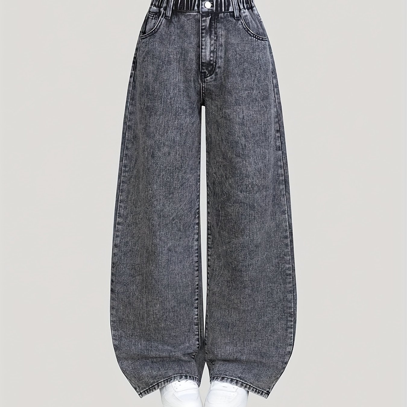 [girls' Denim] – Trendy Vintage High-waisted Jeans In Cool Snowflake Gray That Showcases . Is Practical And Versatile. The Loose Fit A Leg Silhouette, With An Elastic Waistband For . Suitable