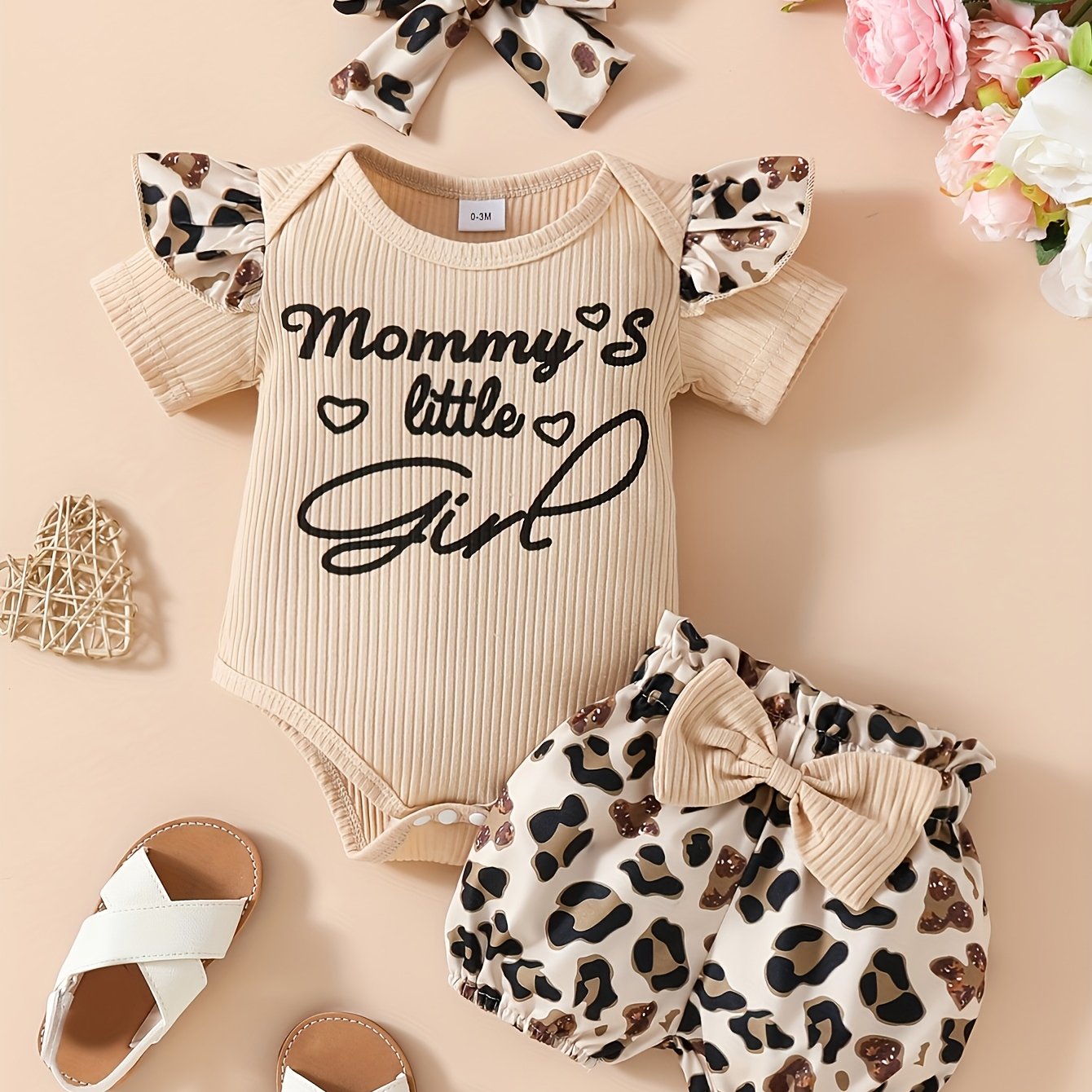 Letter Print Short Sleeve Romper With Leopard Print Shorts + Headscarf Three-piece Set, Perfect For Outdoor
