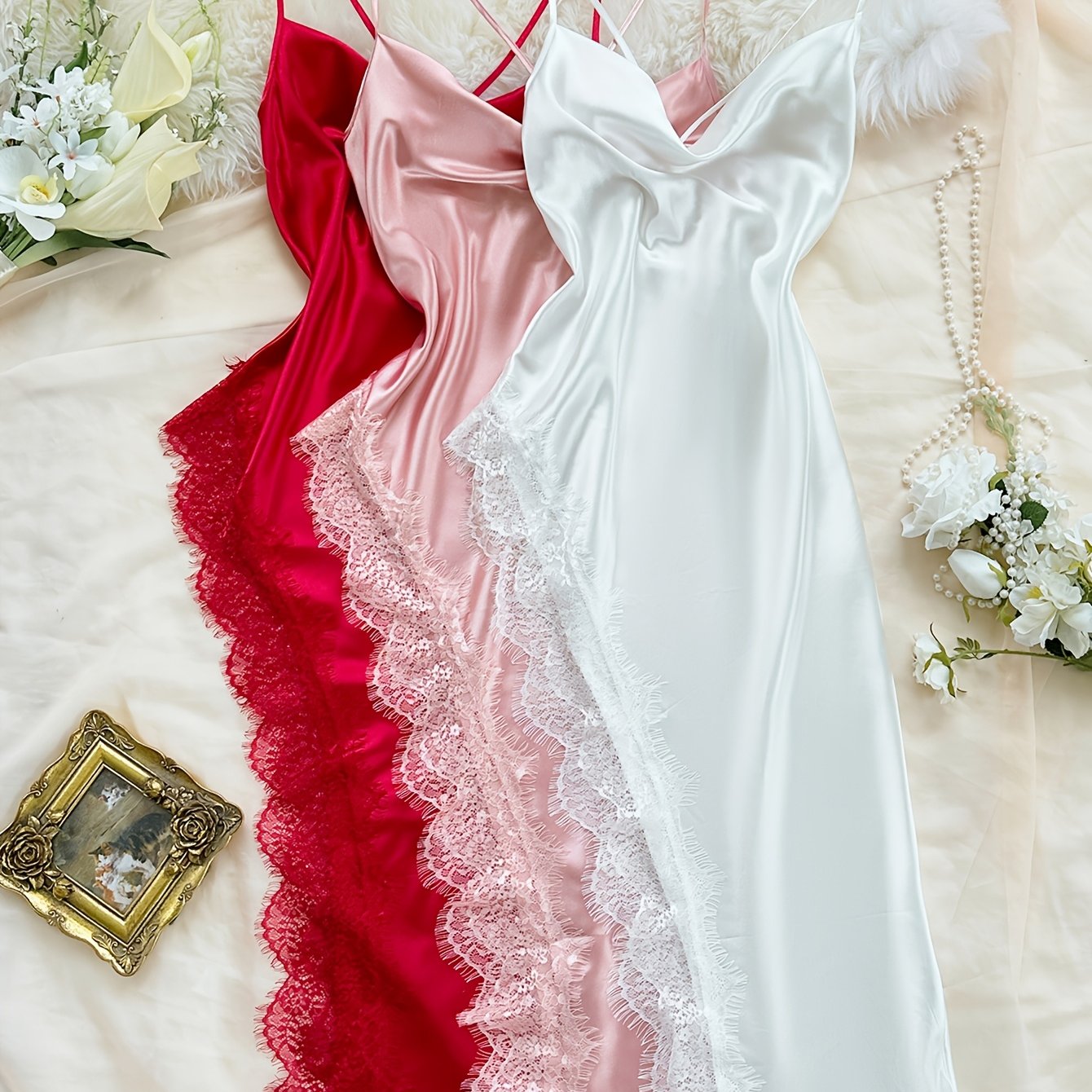 TEMU Long Lace Sweet Solid Color 3pcs Set Comfortable Elegant Temperament Nightgown