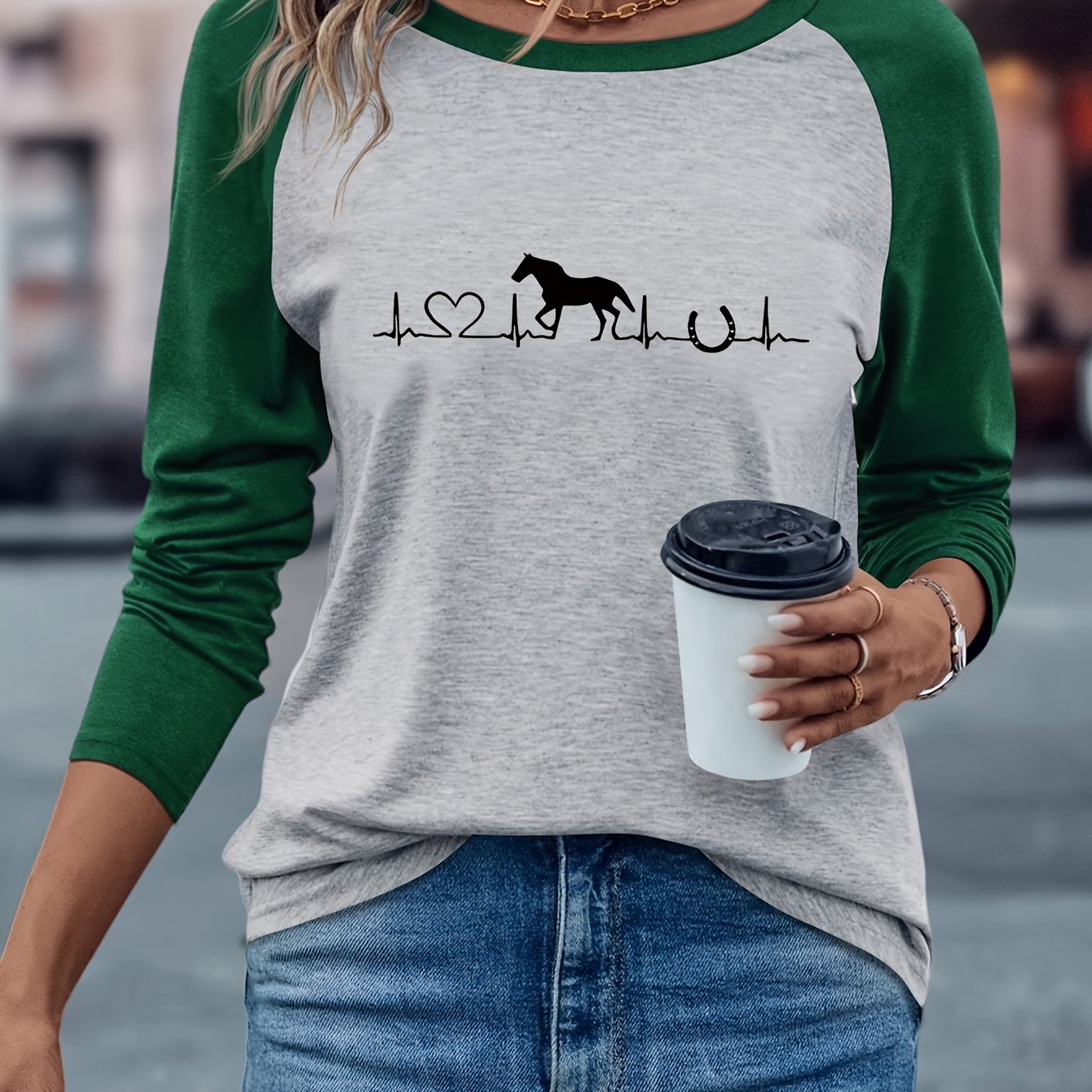 TEMU Patterned Horse Print Off-shoulder Long Sleeve T-shirt 112