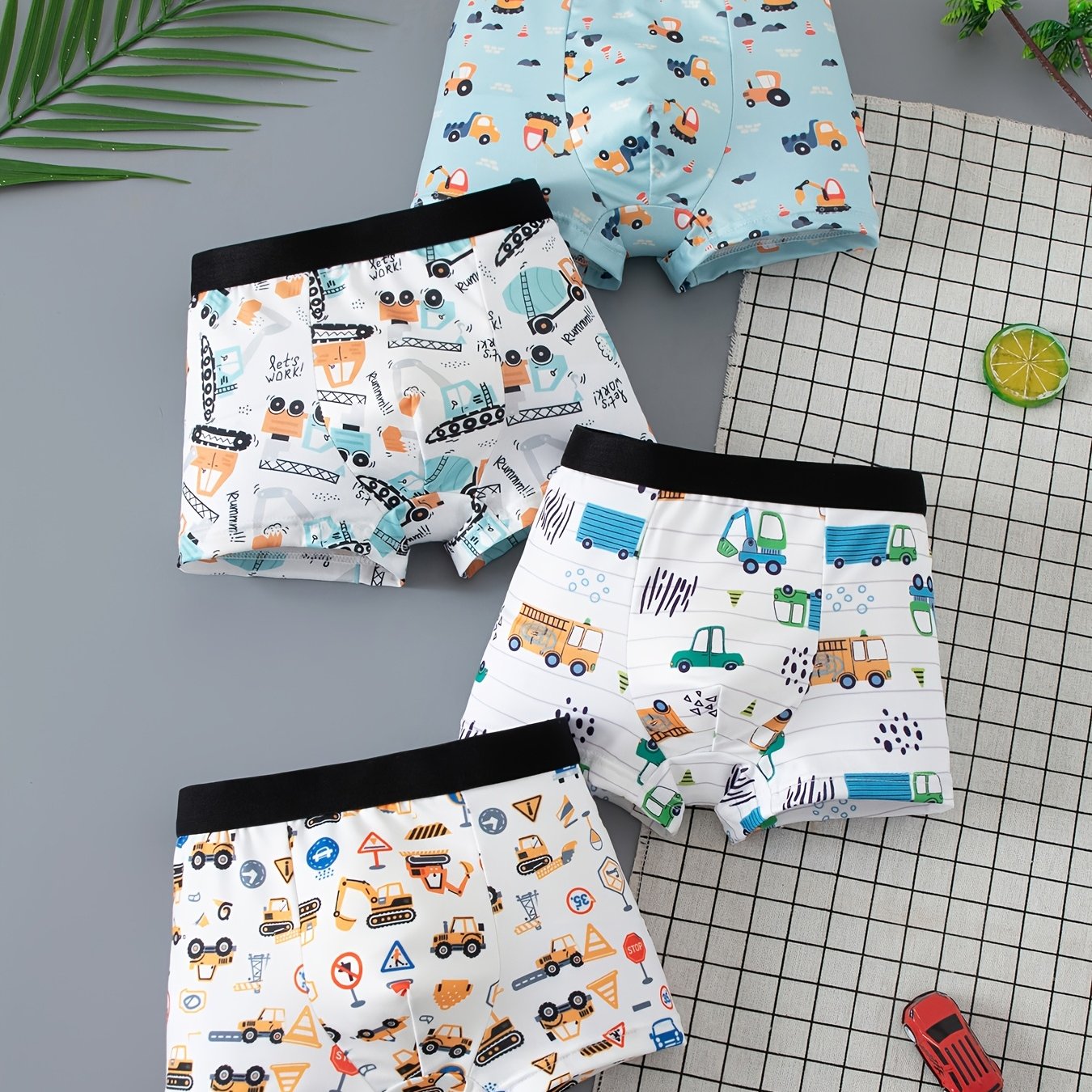 TEMU 4pcs Set Of Boys' Underwear Size Large Boys Same Style Excavator Truck Pattern Boxer Briefs Elastic Waistband Young Boys Square Underwear With
