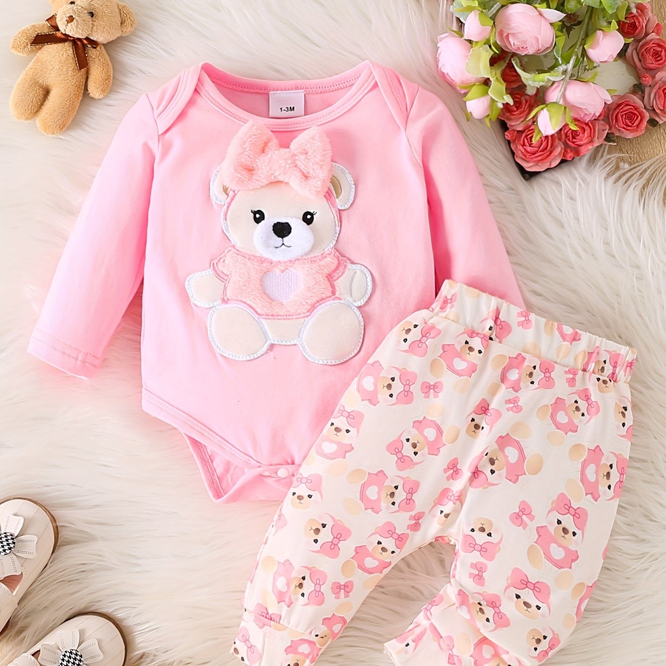 Image of Newborn Baby Girl Pink Bear Romper And Bear Print Long Pants Set, Perfect For Outdoor