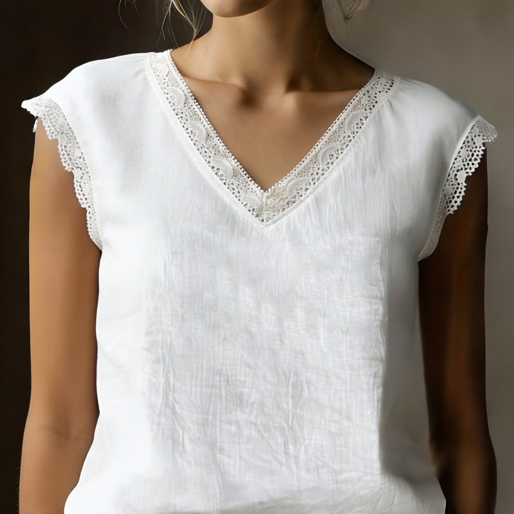 TEMU Women's Vintage Lace V-neck Blouse - Short Sleeve -line Shirt, Loose Fit Summer Top With Lace Trim, Solid Color Suitable For, Hand Washable For